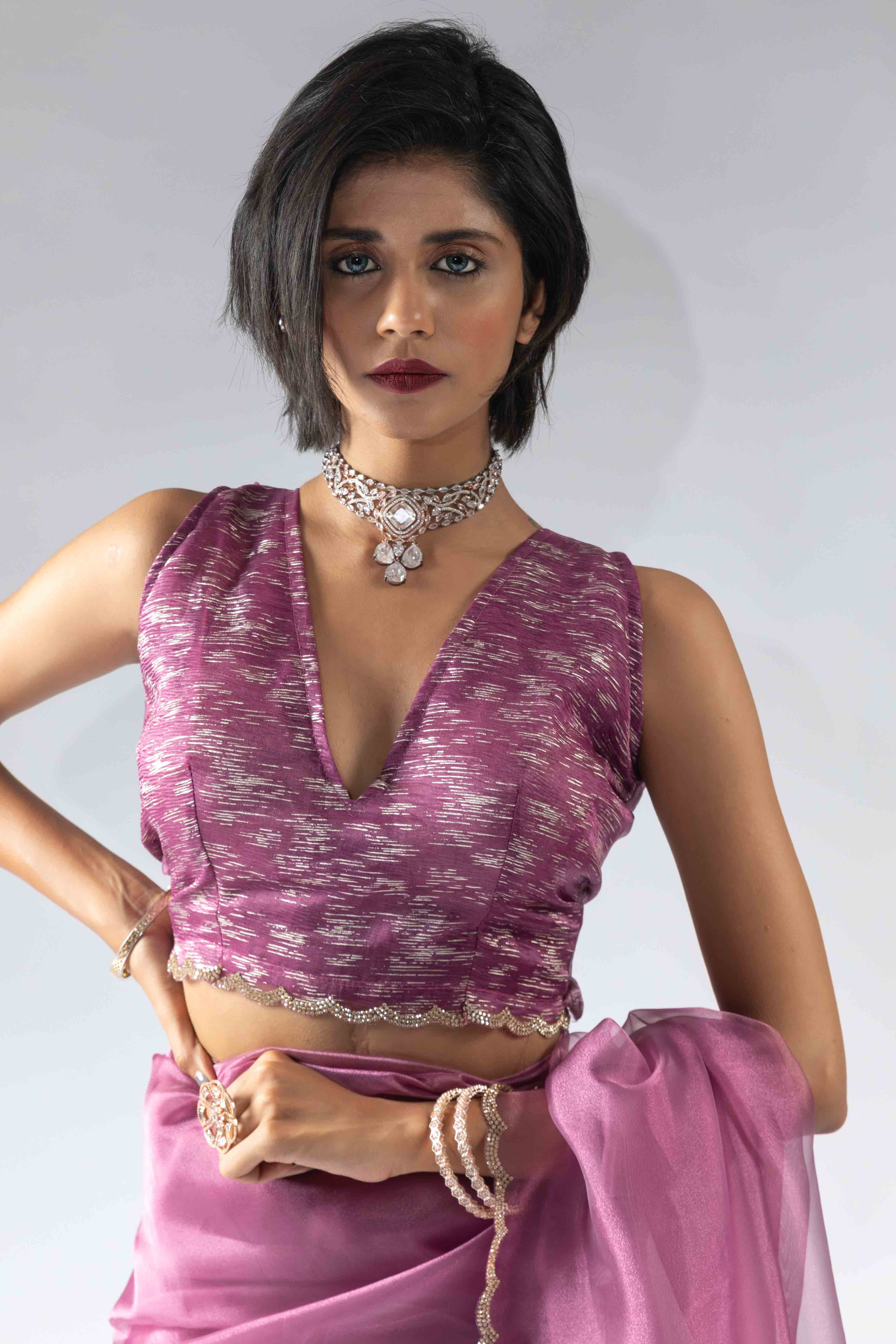 Helio Violet Solid With Intricate Zarkan Border Organza Ready To Wear Saree