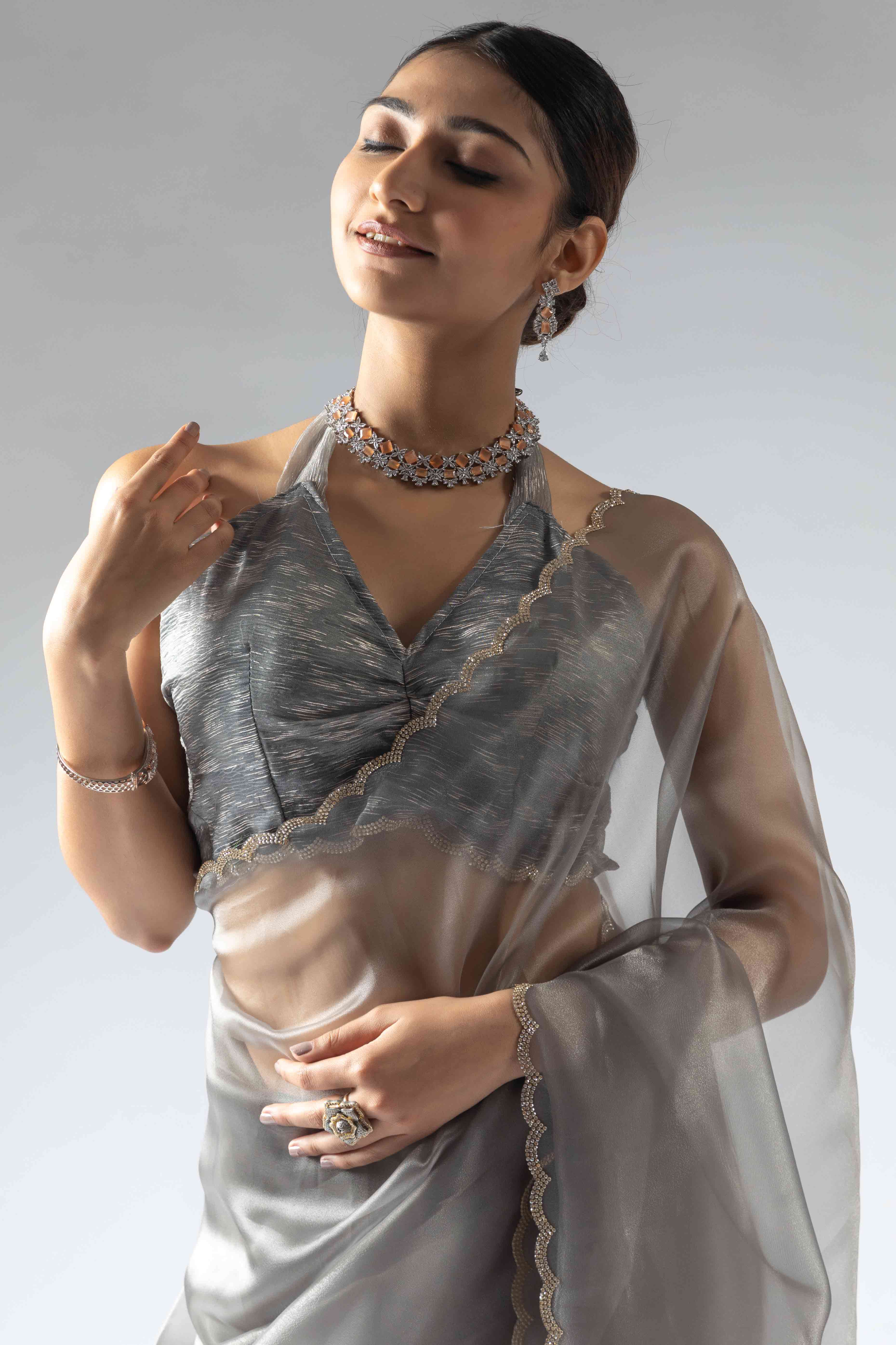Smoke Grey Solid With Intricate Zarkan Border Organza Ready To Wear Saree