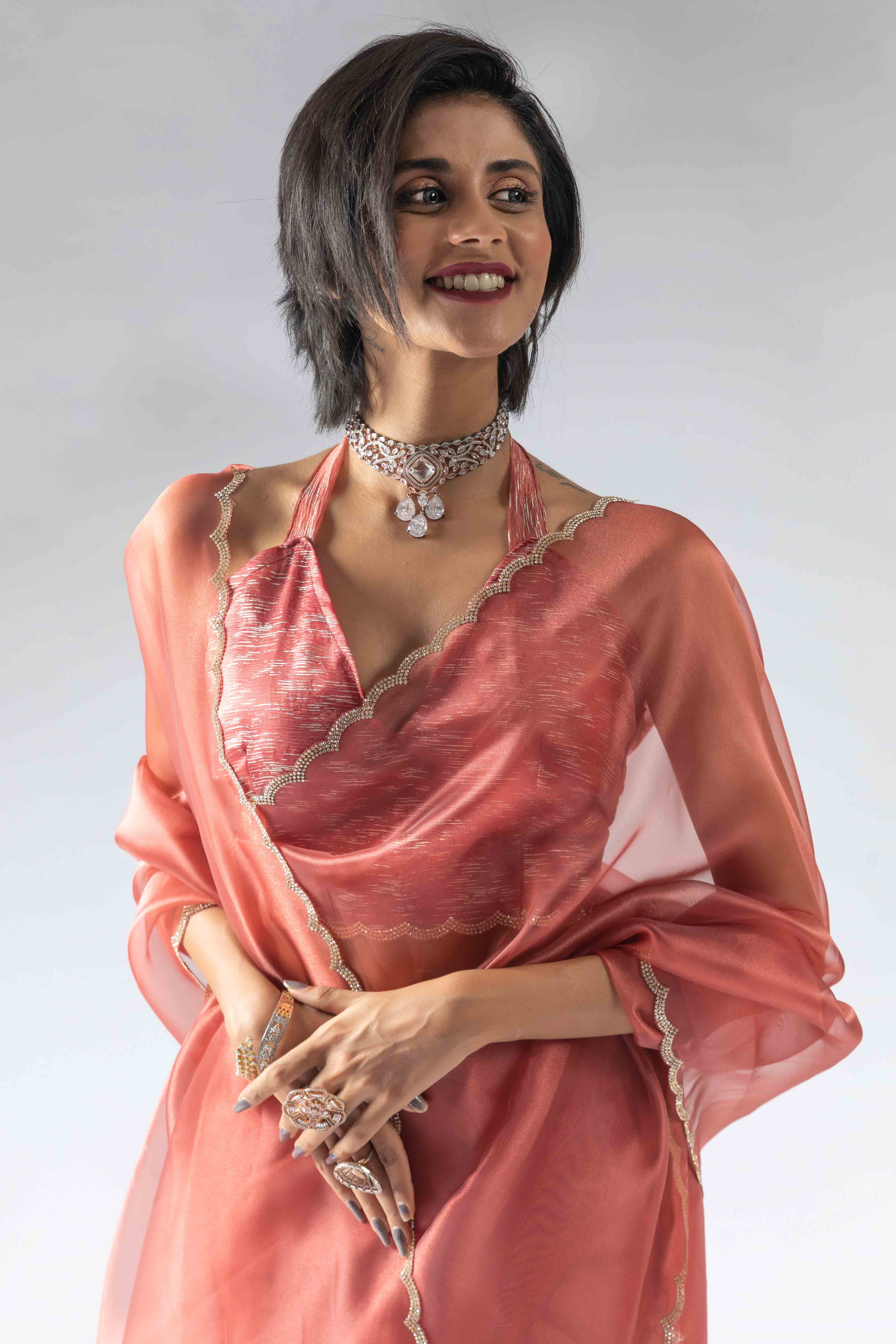 Peach Solid With Intricate Zarkan Border Organza Ready To Wear Saree