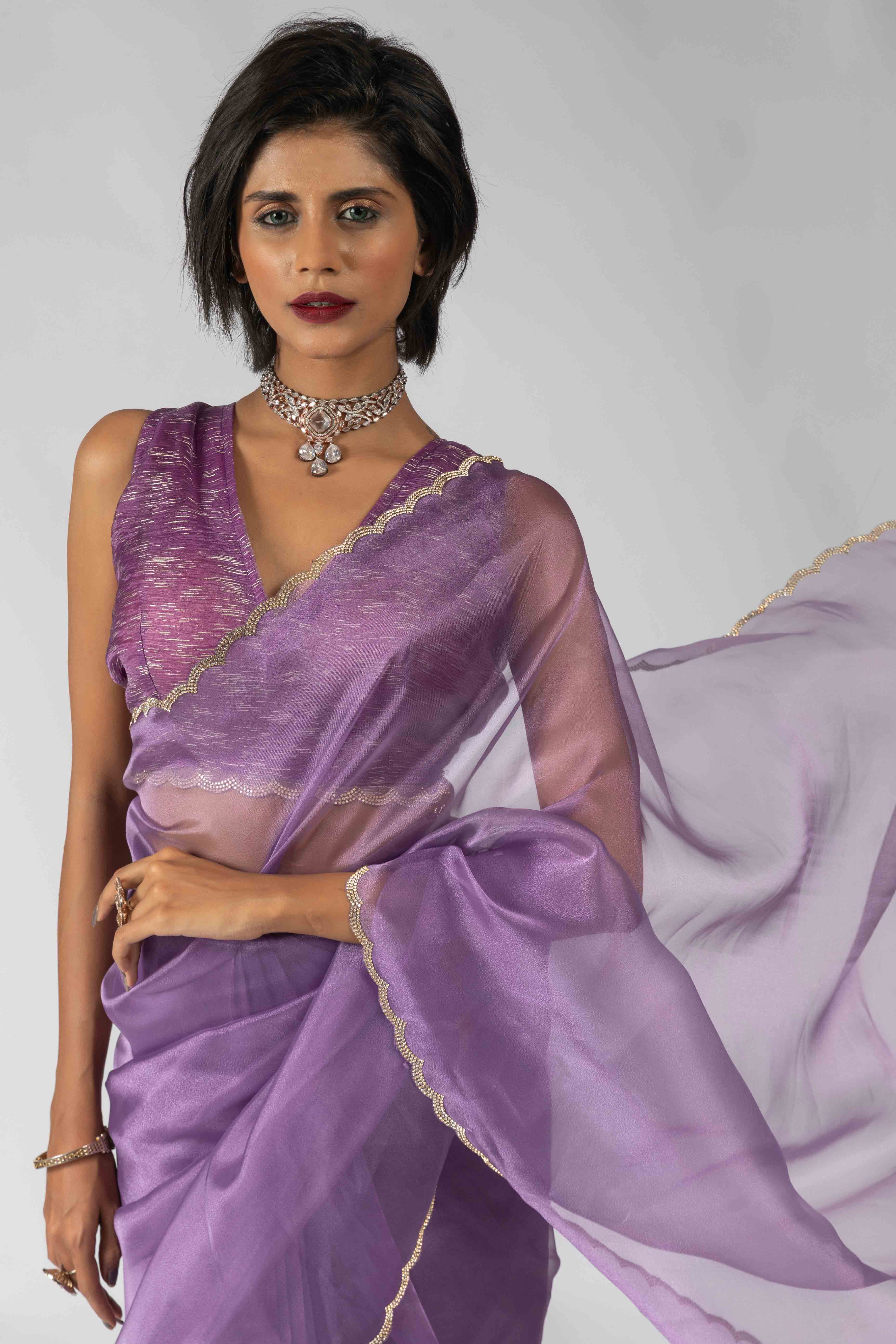 Lavender Solid With Intricate Zarkan Border Organza Ready To Wear Saree