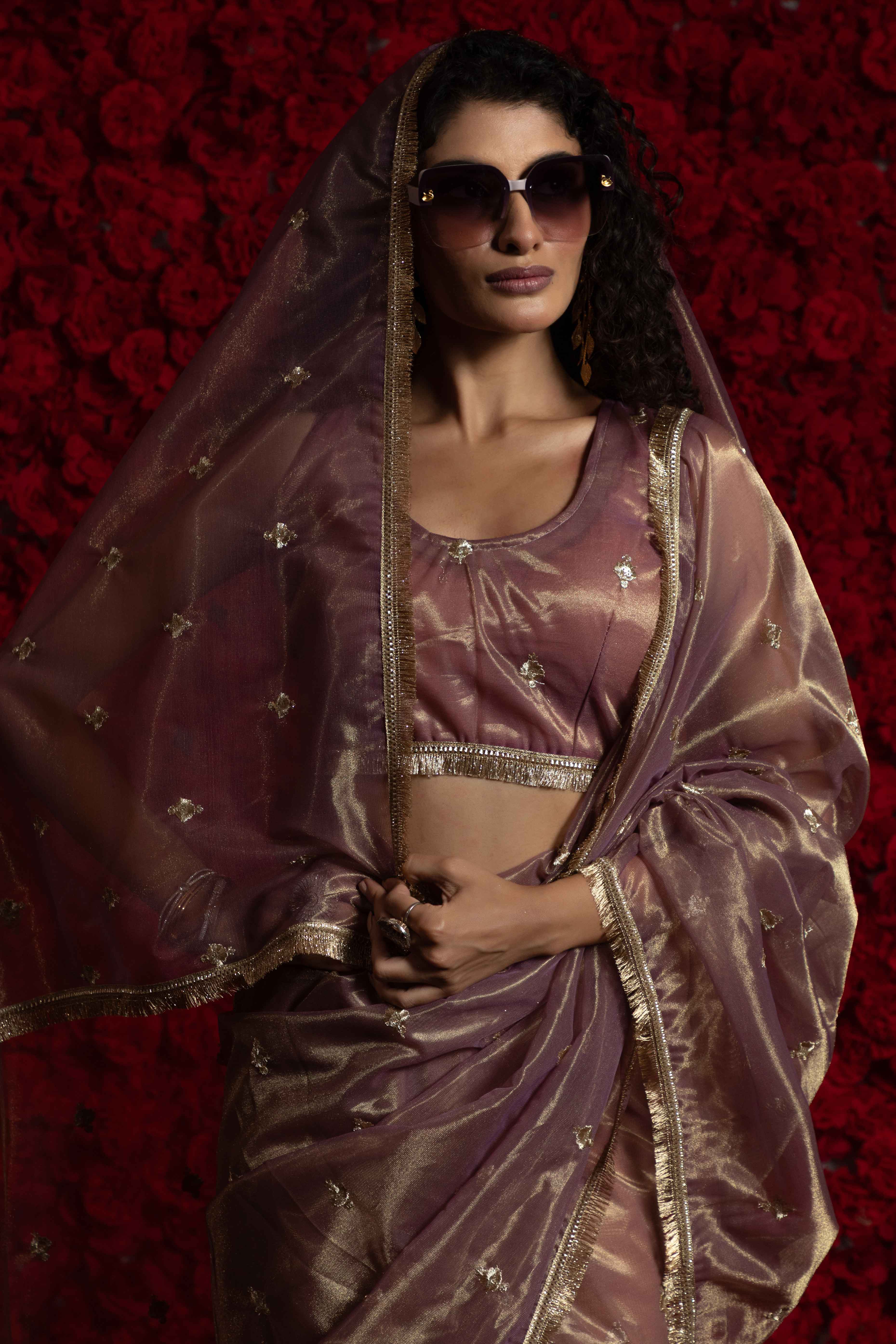 Purple Floral Zari Embroidered Net Organza Saree with Intricate Handwork Lace Border