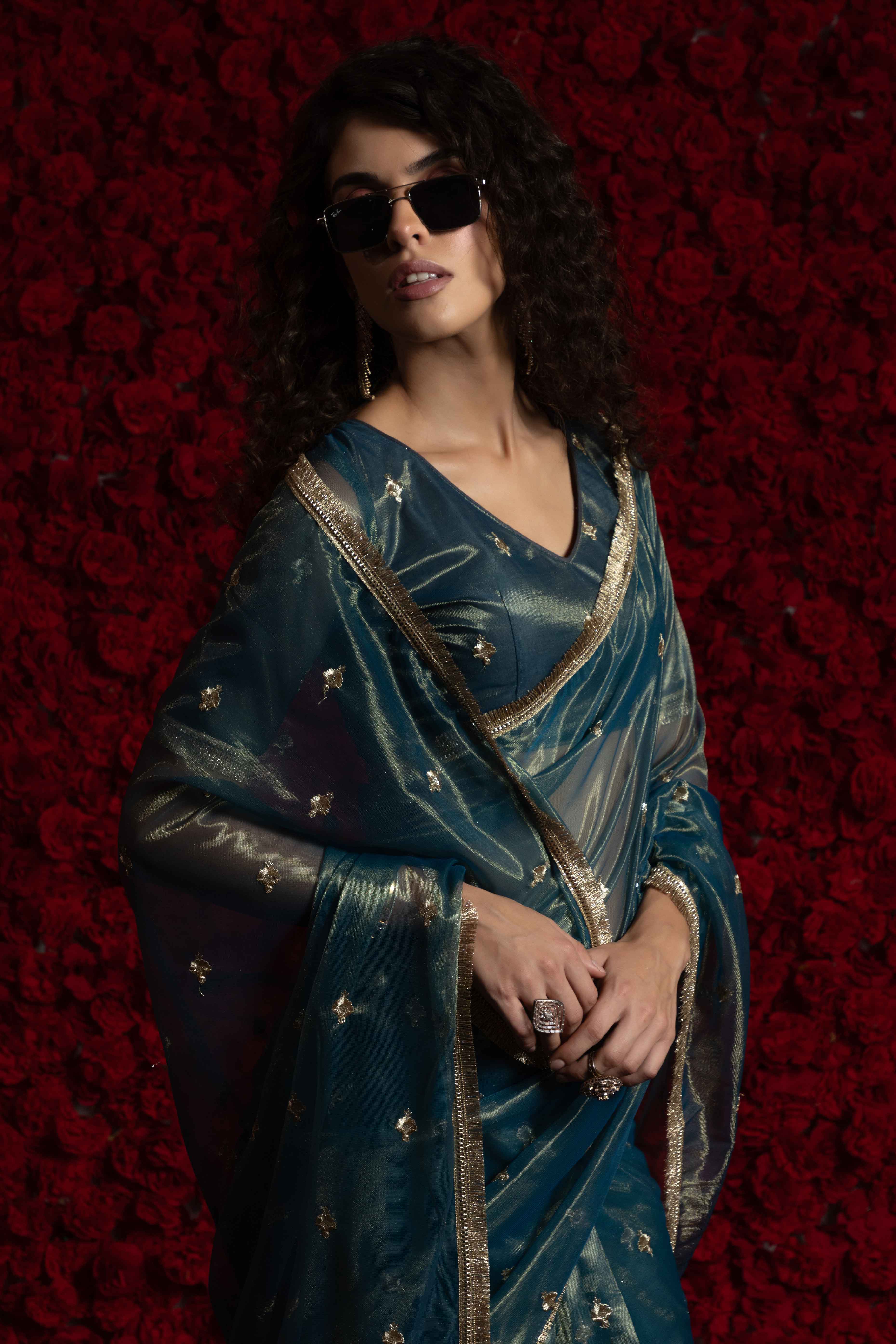 Teal Floral Zari Embroidered Net Organza Saree with Intricate Handwork Lace Border