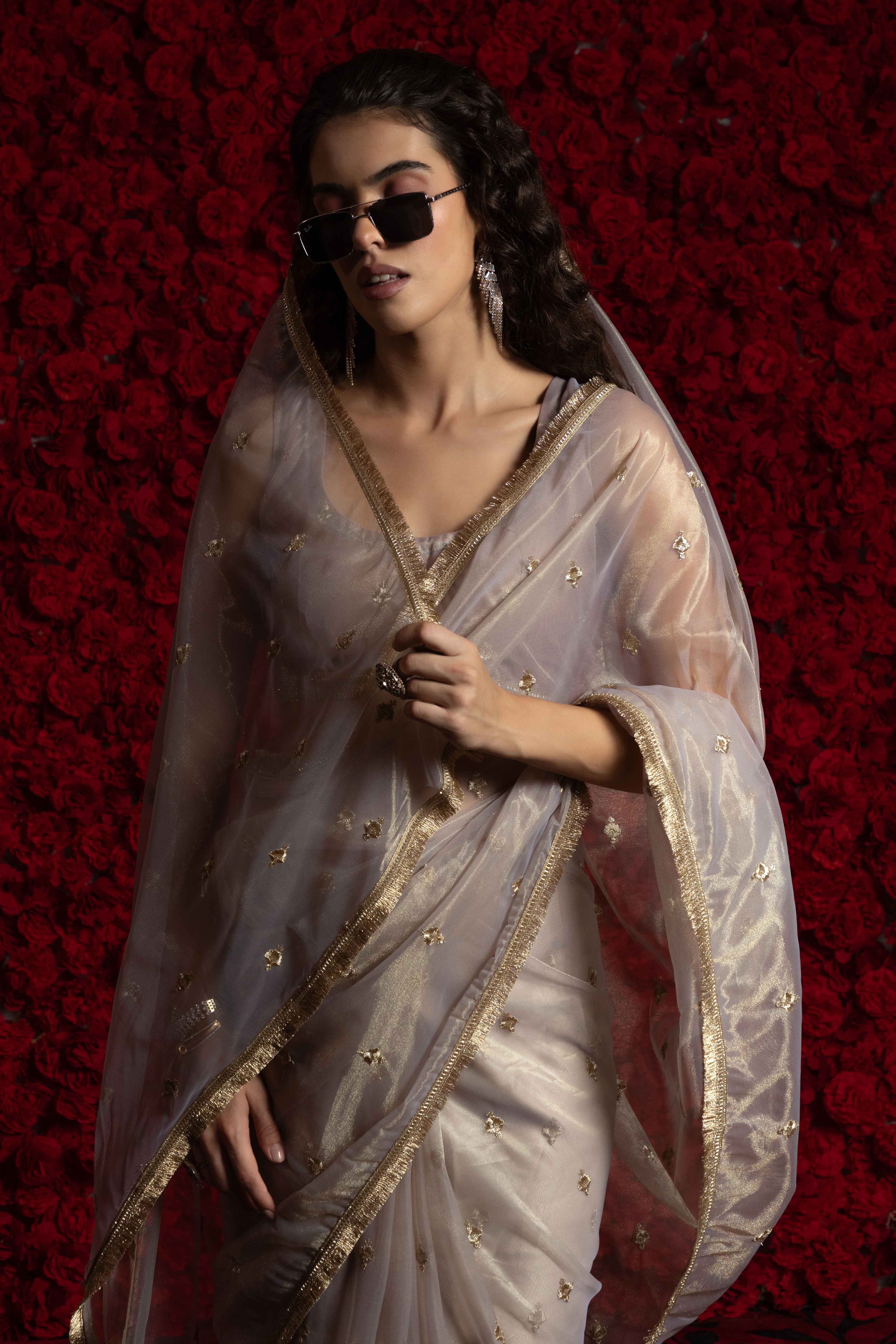 Light Grey Floral Zari Embroidered Net Organza Saree with Intricate Handwork Lace Border