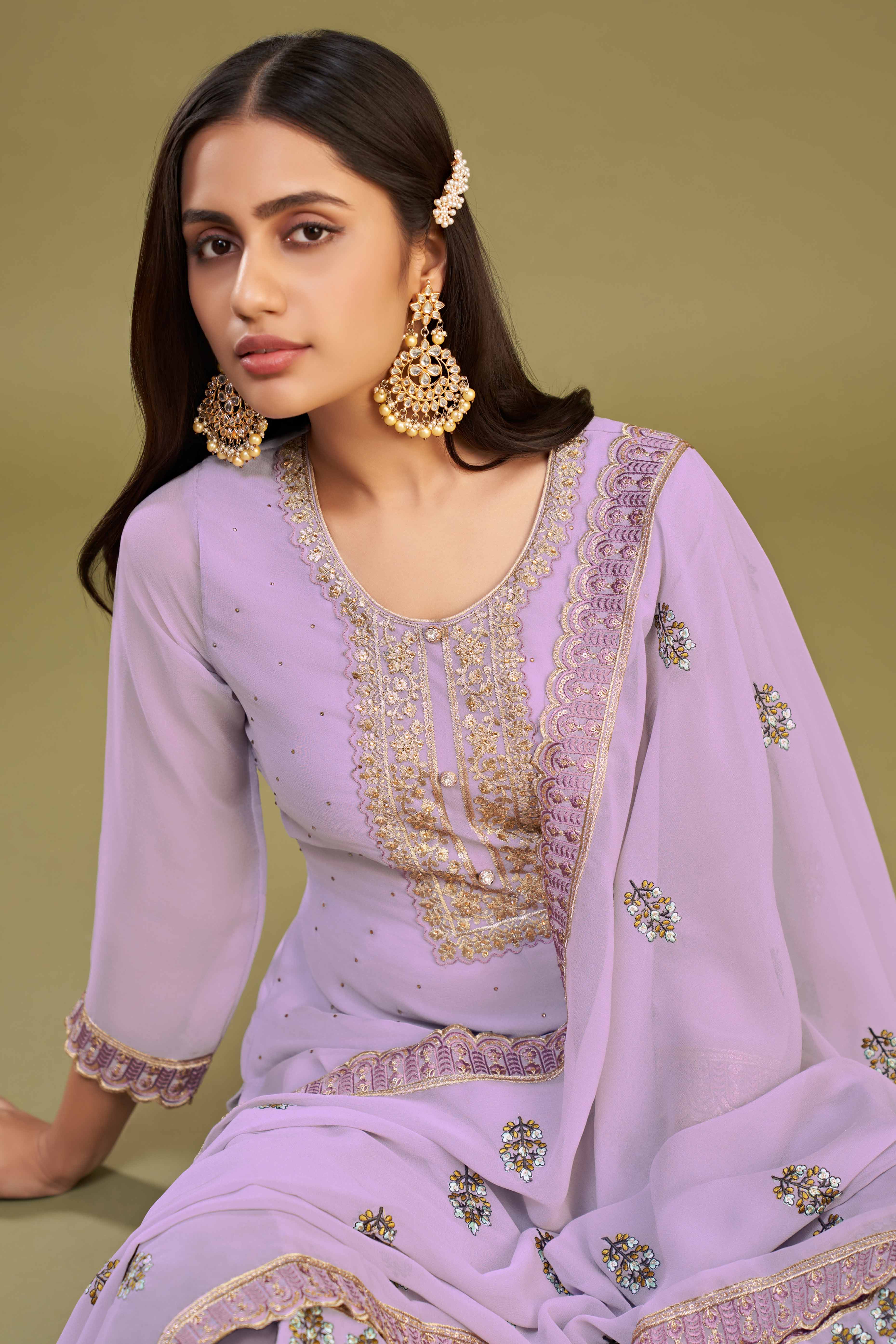 Lavender Floral Embroidery With Swarovski Work Georgette Semi Stitched Suit