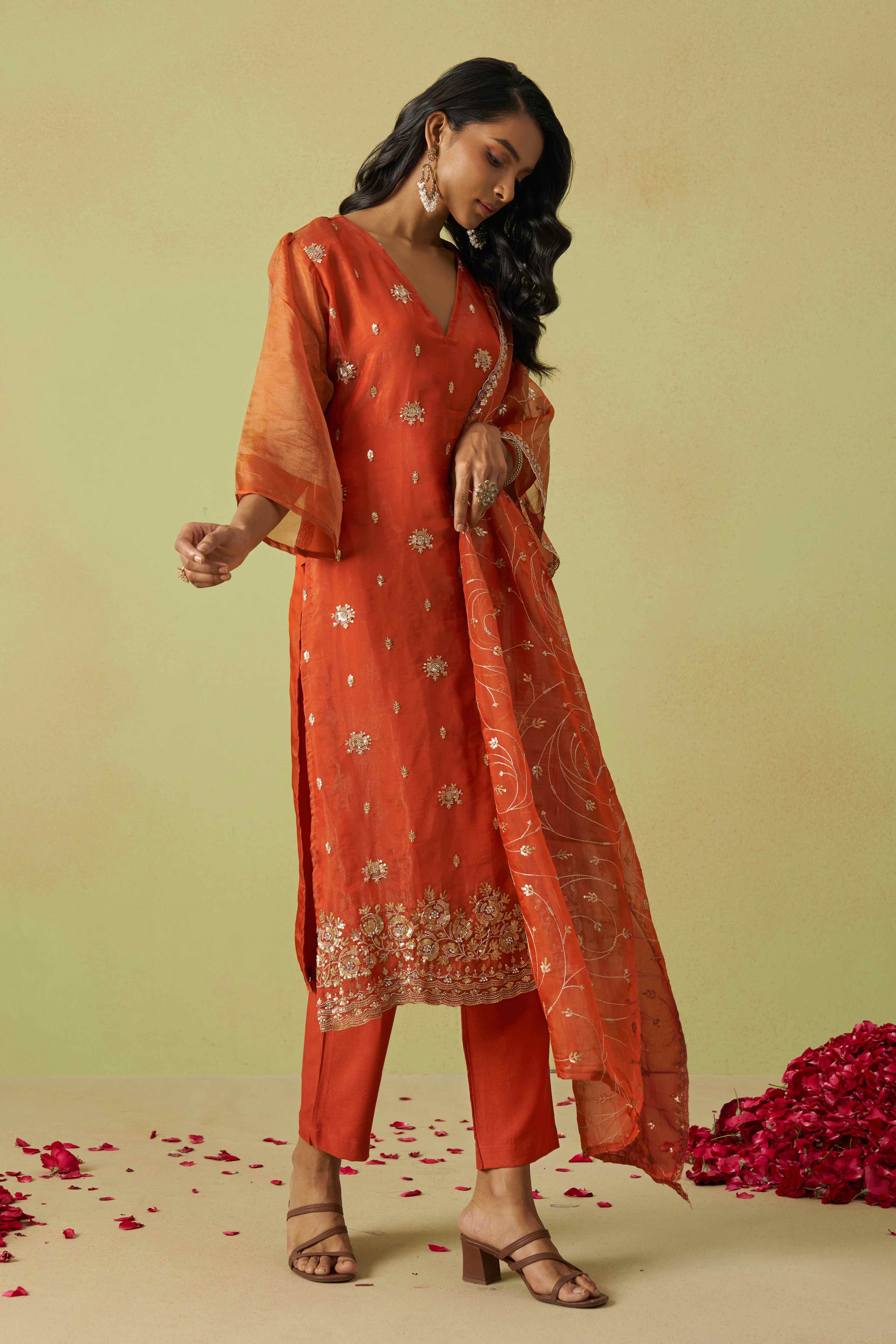 Rust Orange Sequins Embroidery With Stonework Organza Shimmer Semi Stitched Suit