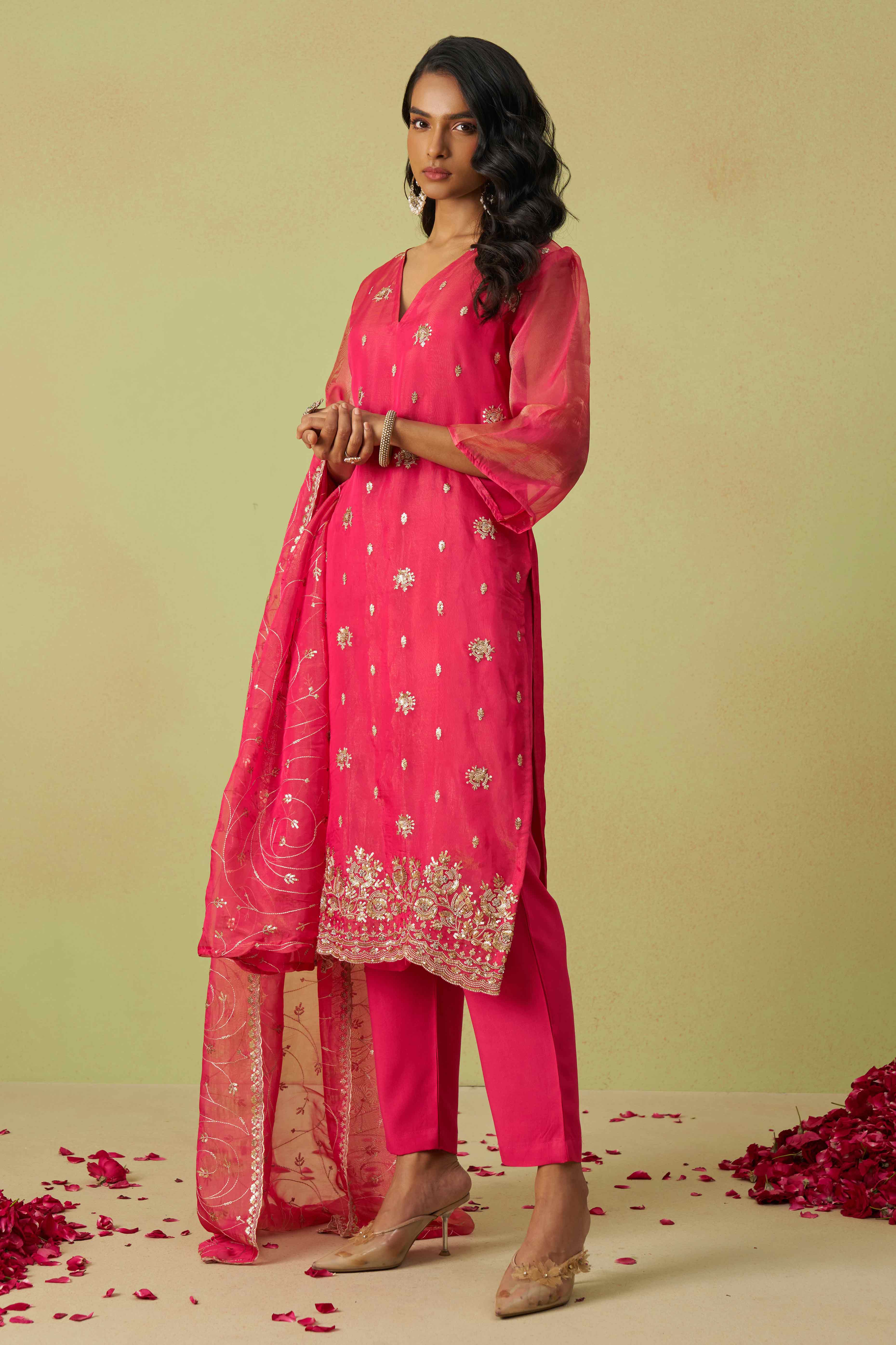 Pink Sequins Embroidery With Stonework Organza Shimmer Semi Stitched Suit