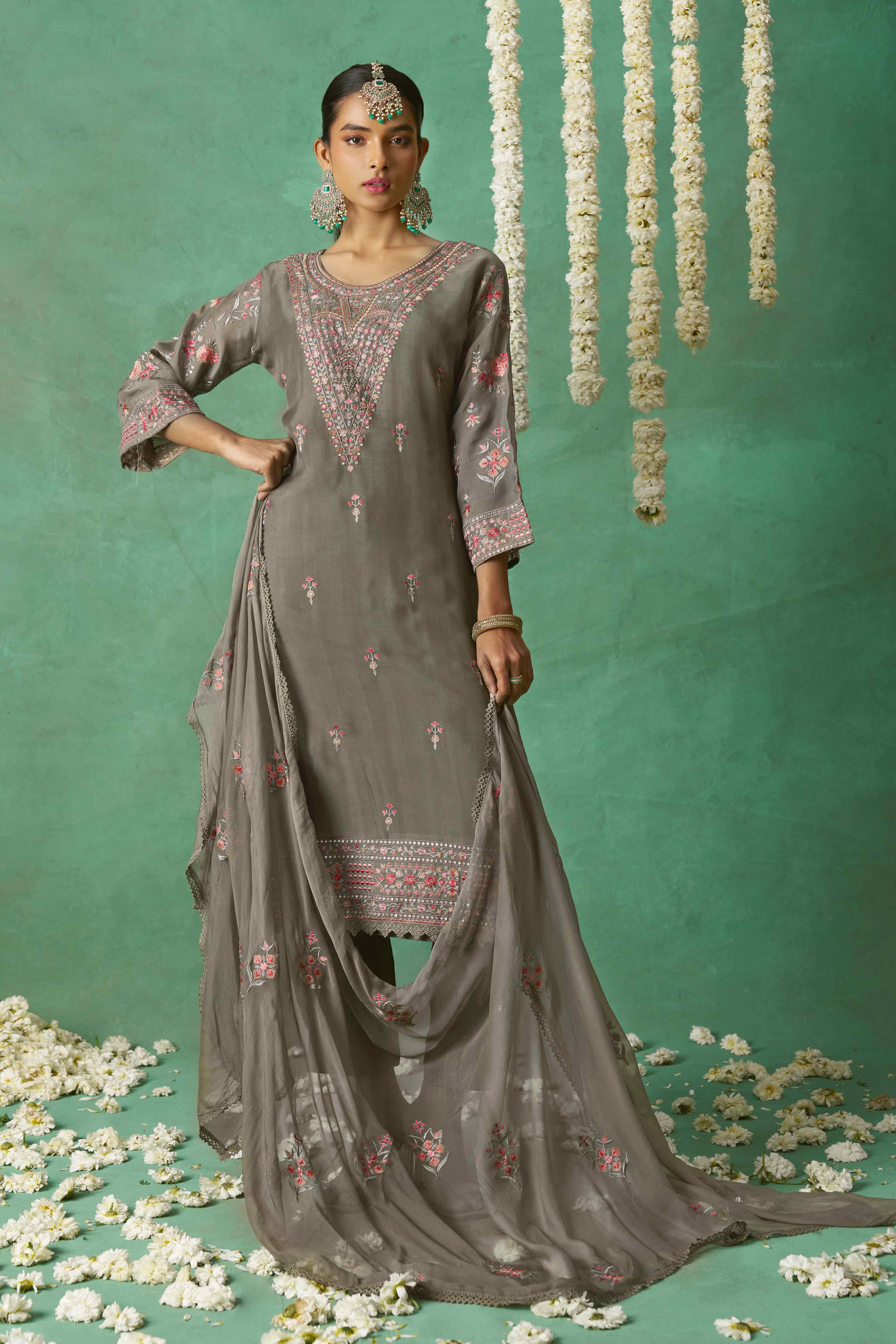 Grey Floral Sequins Embroidered Organza Semi Stitched Suit