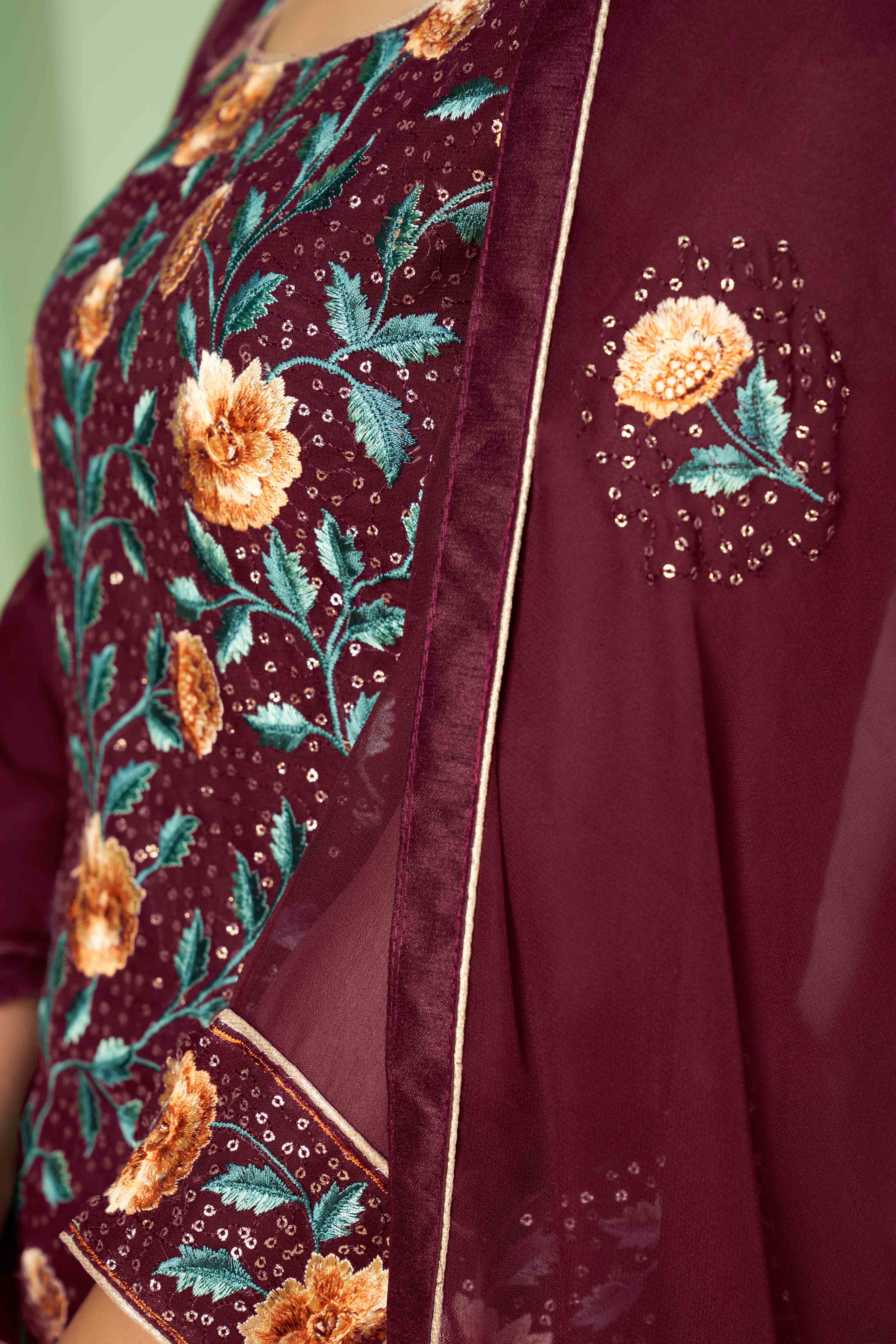 Wine Floral Sequins Embroidered Georgette Semi Stitched Suit