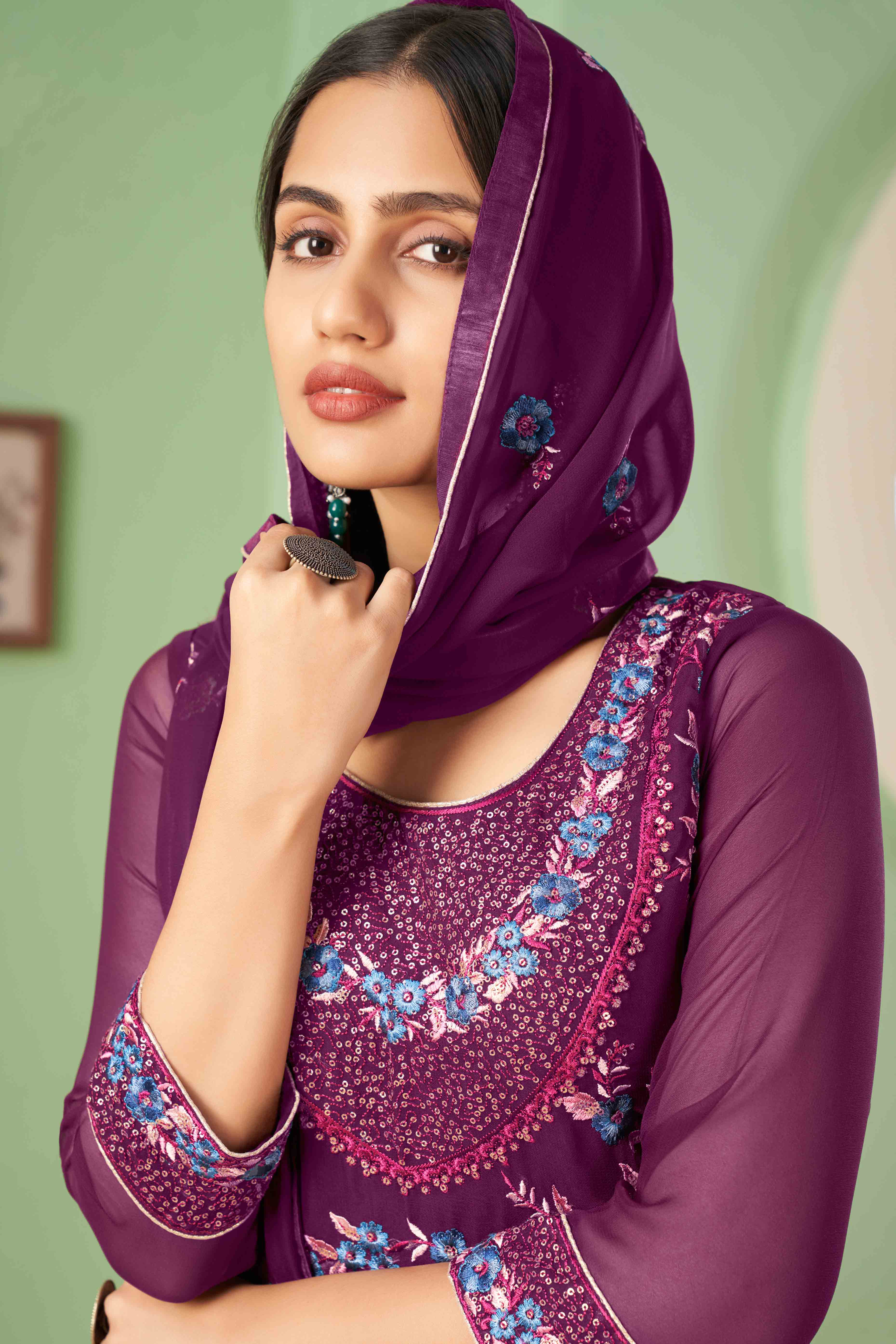 Purple Floral Sequins Embroidered Georgette Semi Stitched Suit