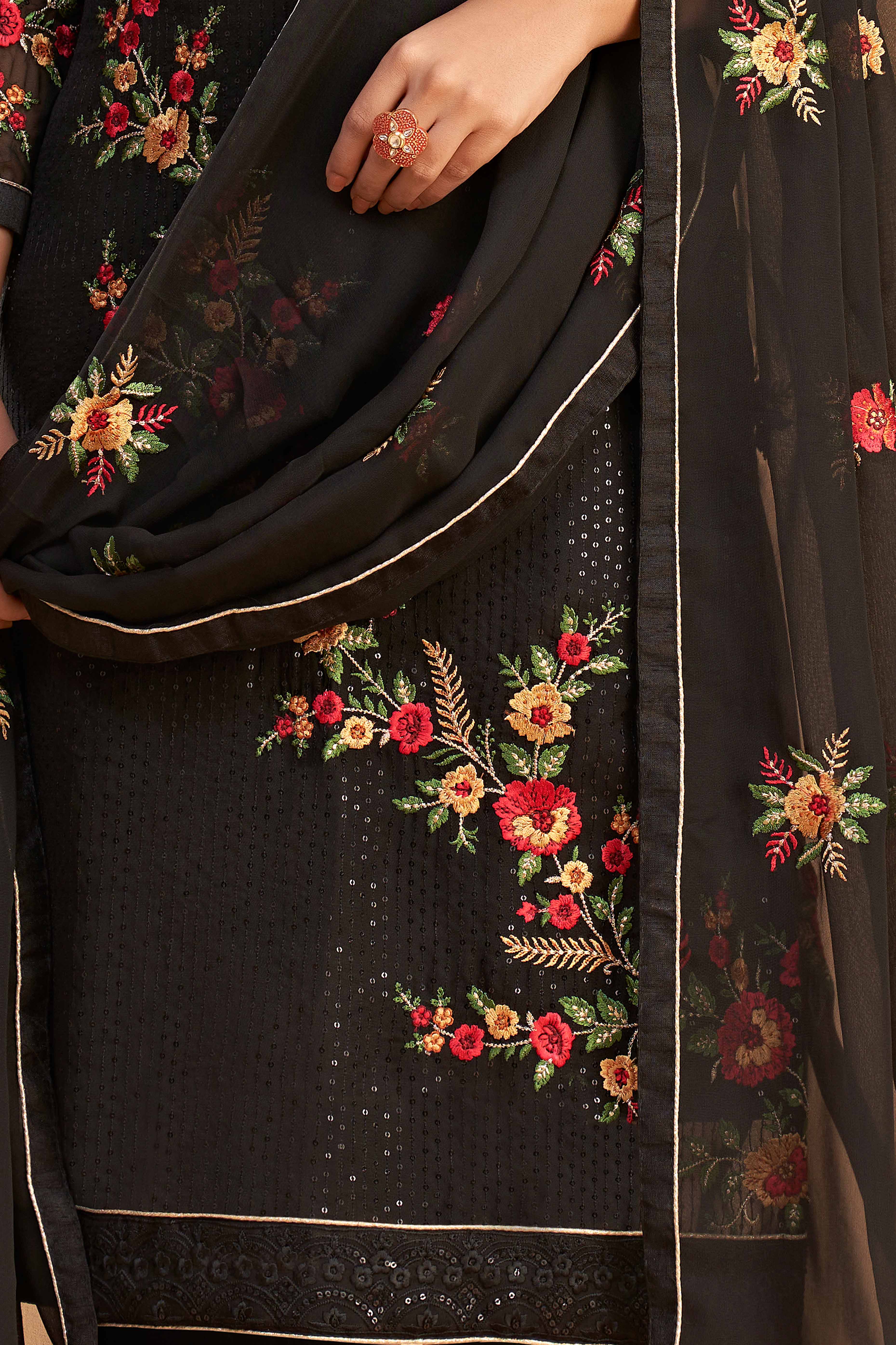 Black Floral Sequins Embroidered Georgette Semi Stitched Suit