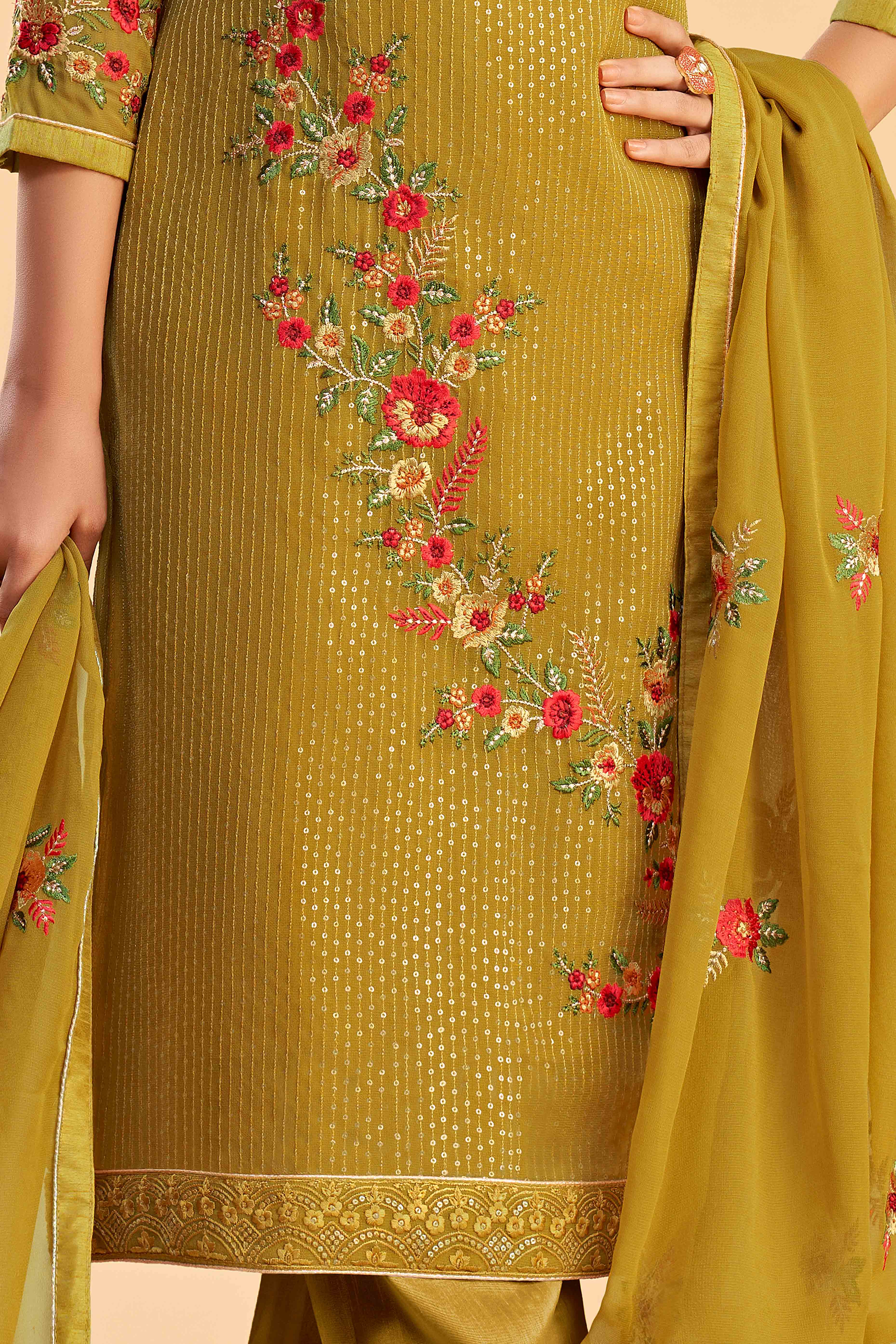 Mustard Floral Sequins Embroidered Georgette Semi Stitched Suit