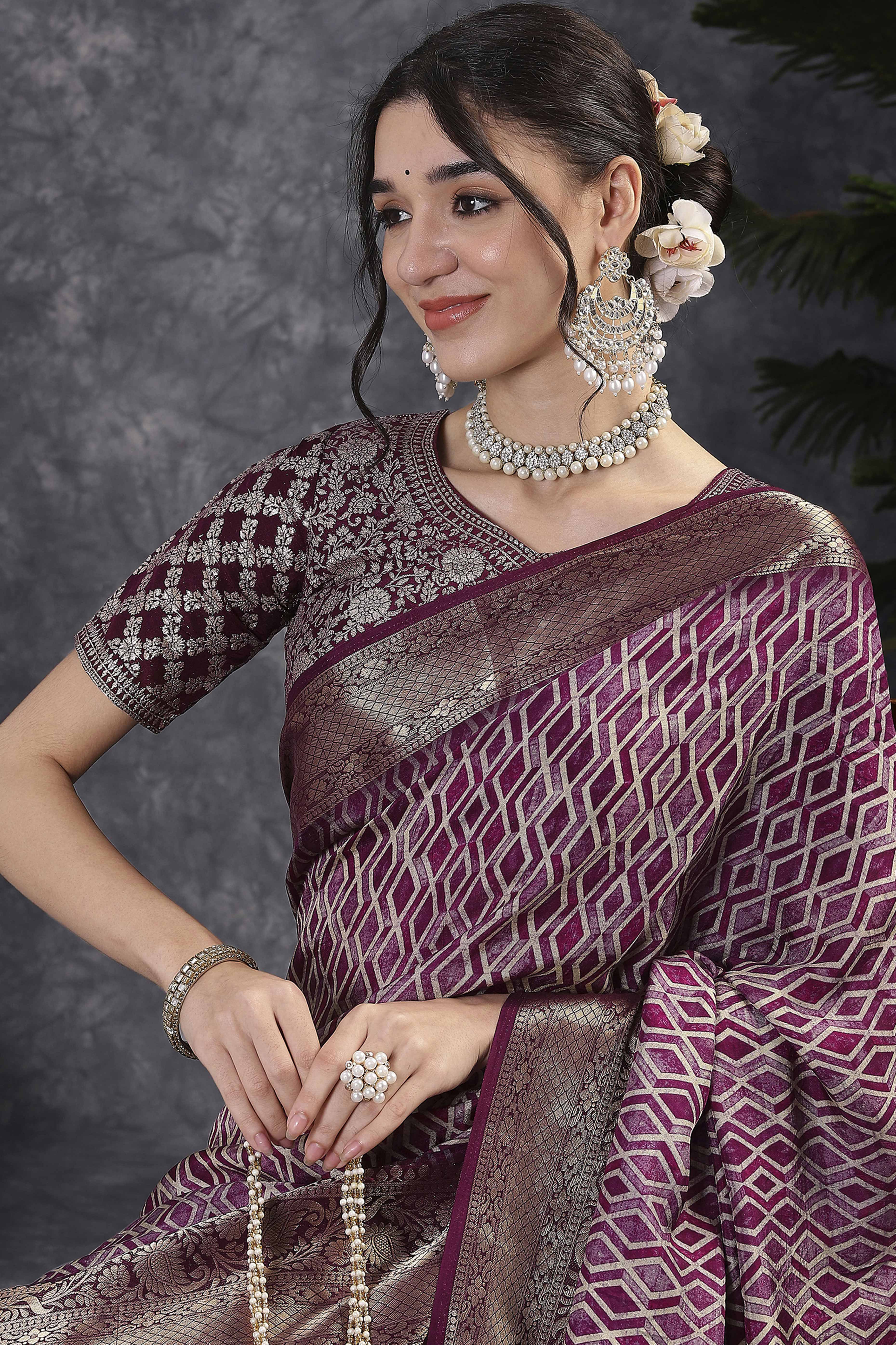 Wine Artistic Print Saree in Dola Silk with Woven Border