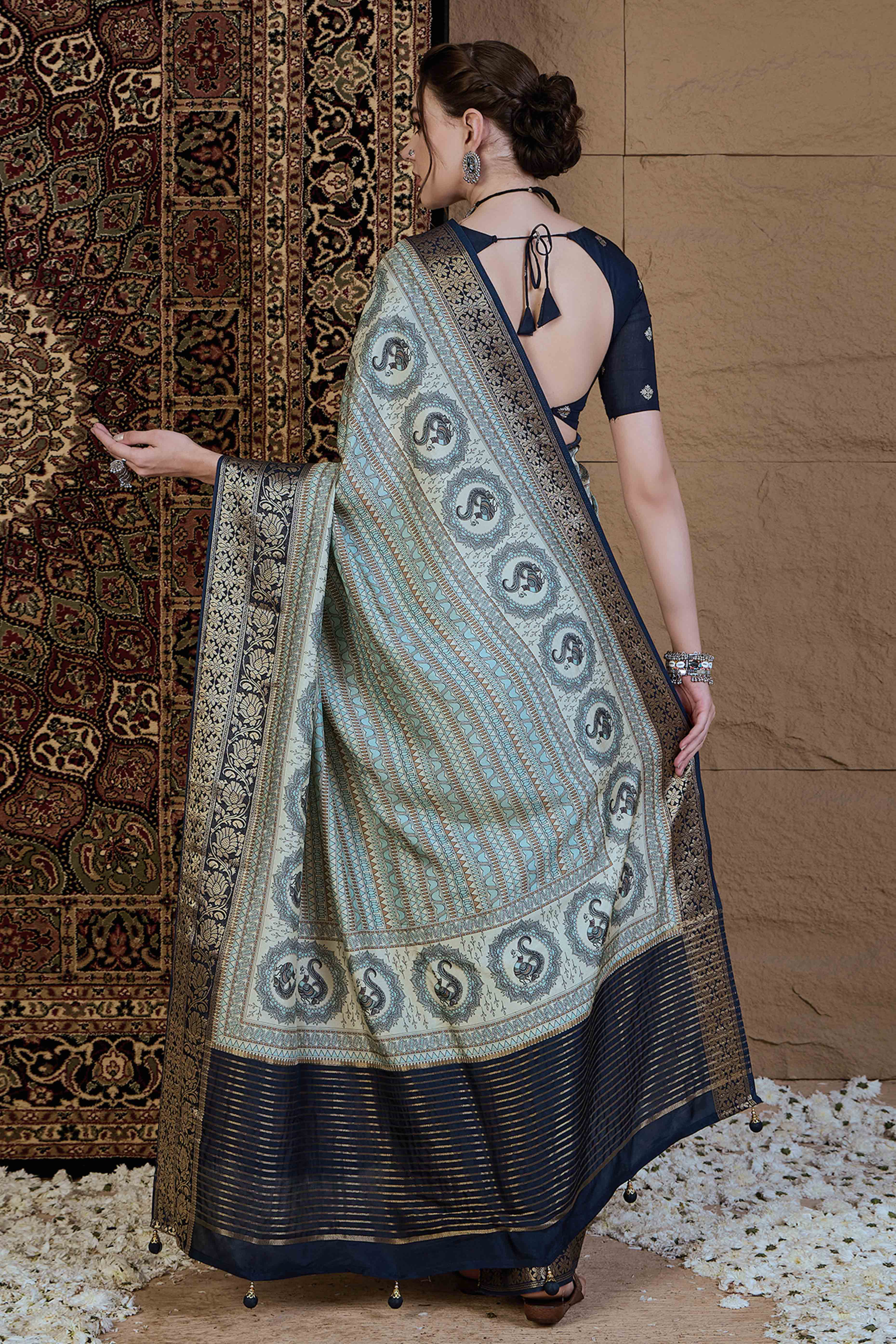 Sky Blue Floral Printed Viscose Saree