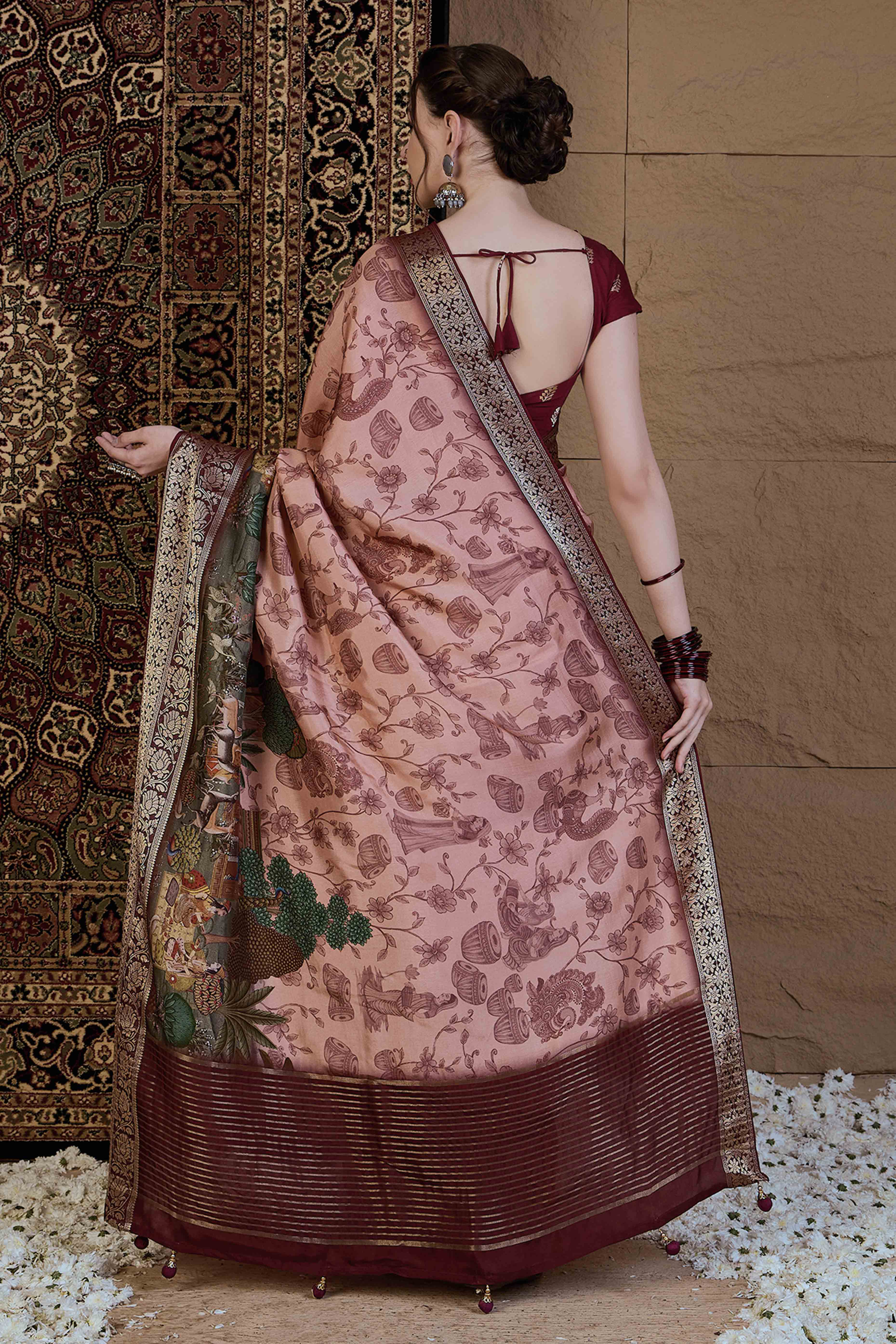 Peach Floral Printed Viscose Saree