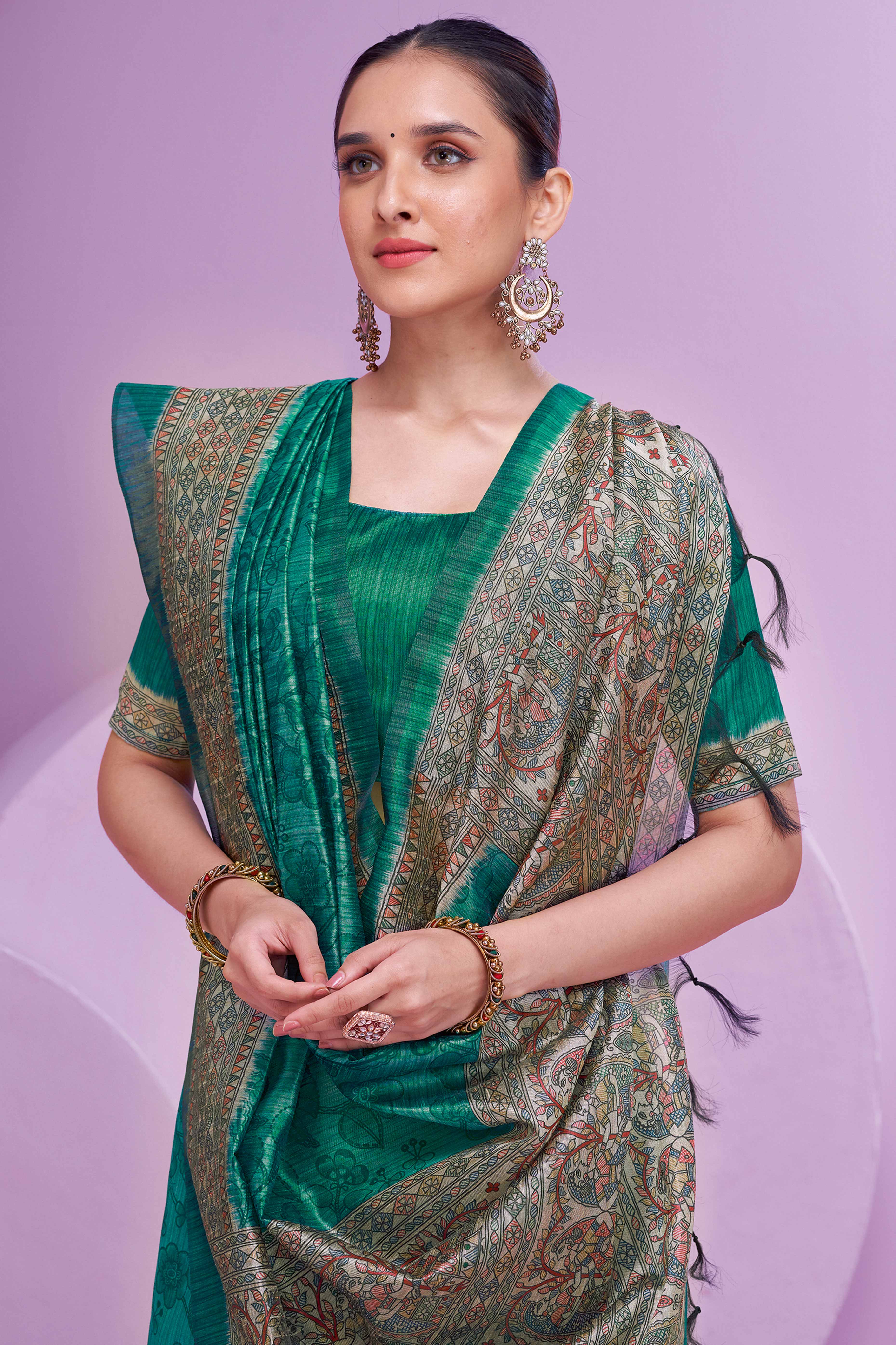 Rama Green Ethnic Cotton Silk Saree Adorned with Madhubani Florals Print