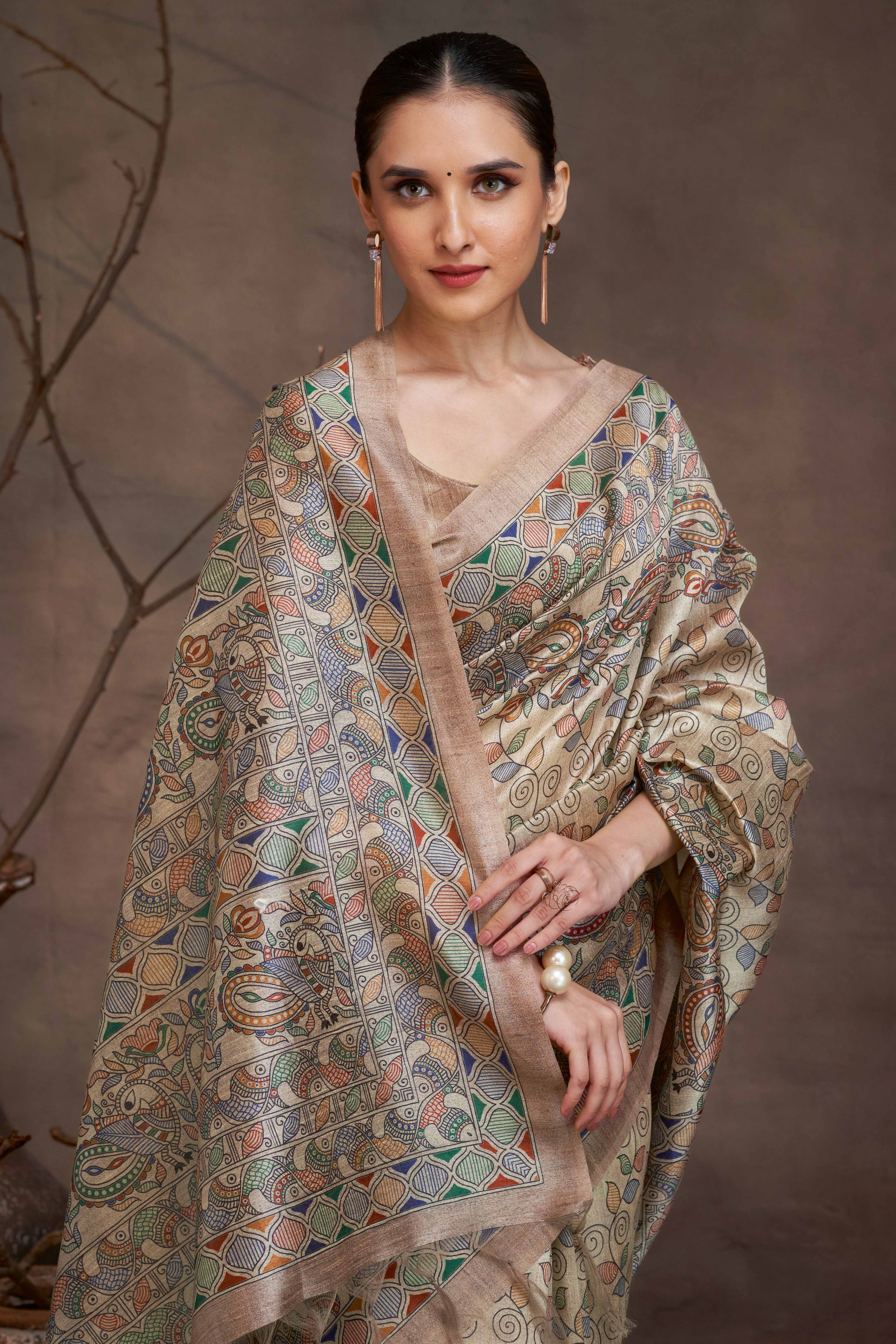 Beige Cotton Silk Saree with Floral Madhubani Print