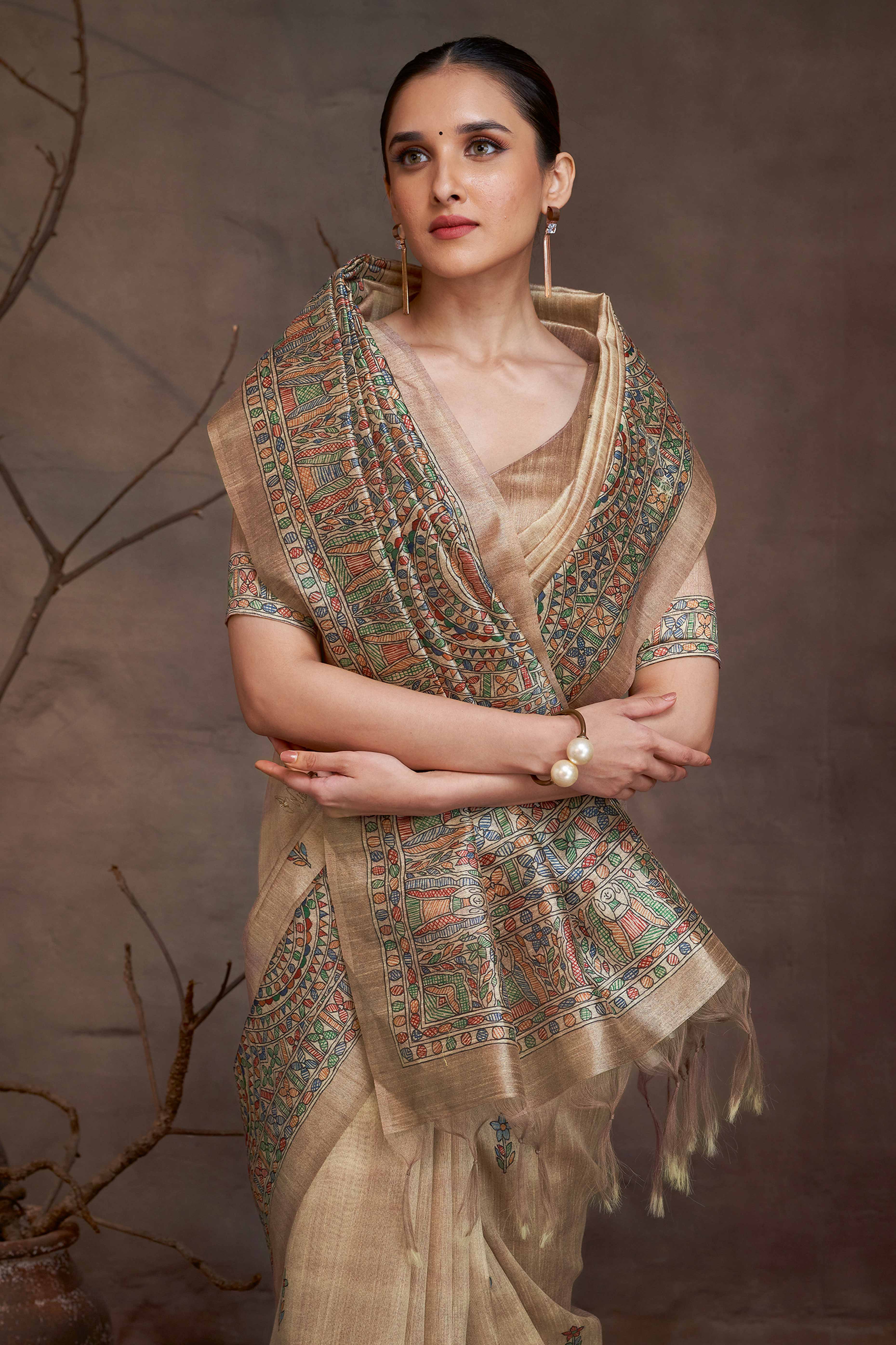 Beige Woven Cotton Silk Saree Adorned with Madhubani Blooms