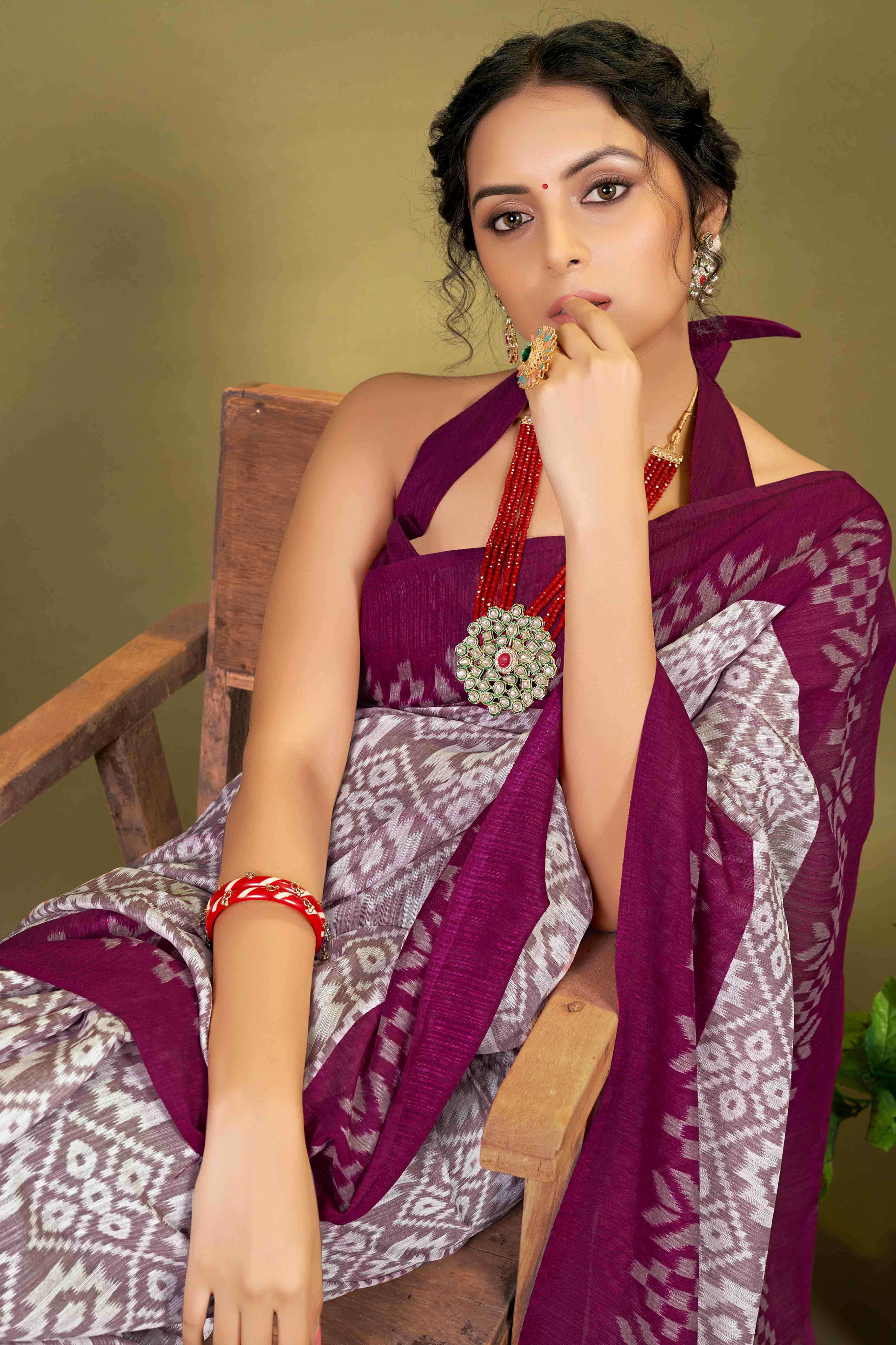 Wine Ikkat Printed Cotton Slub Saree