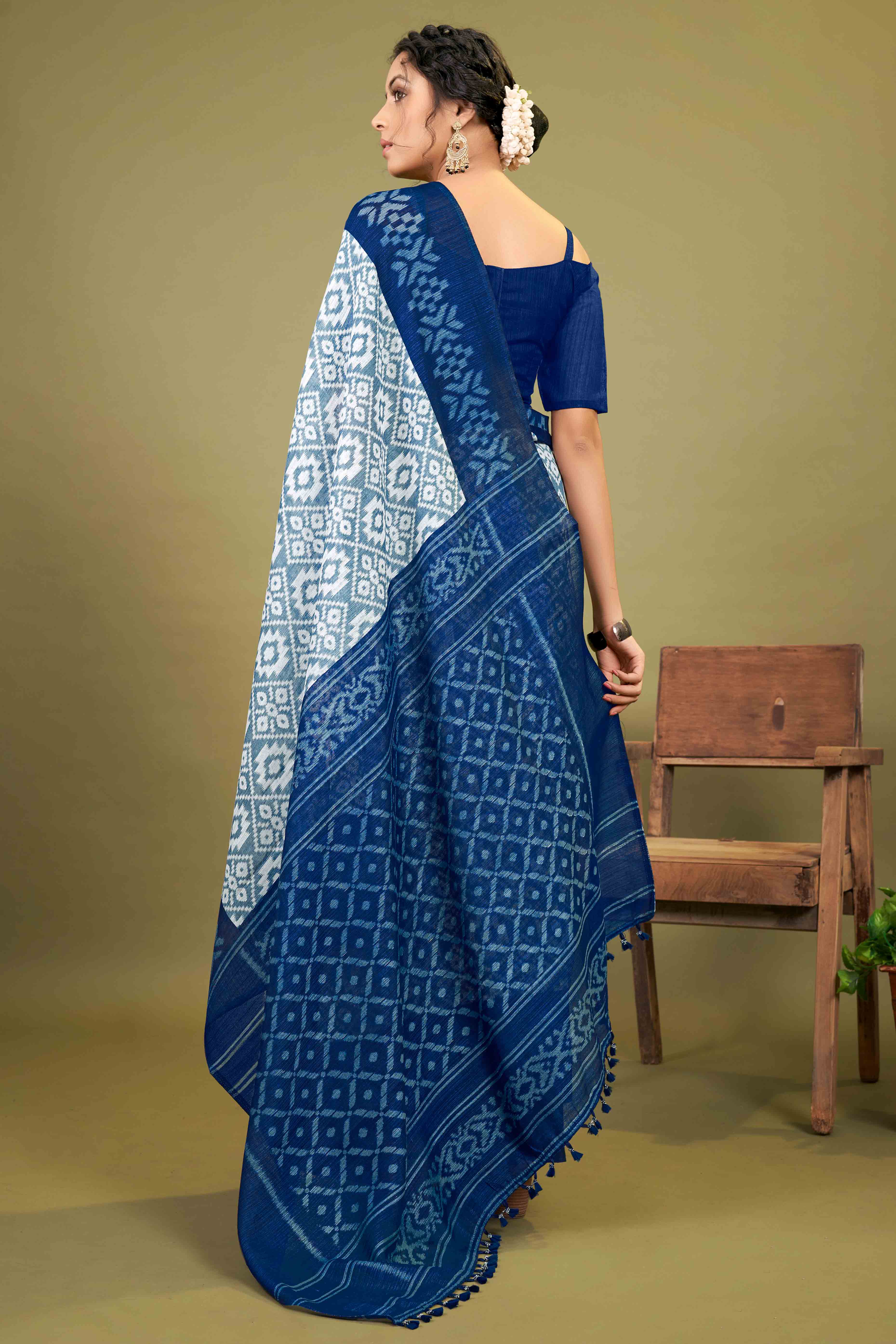 Blue Ikkat Printed Cotton Slub Saree