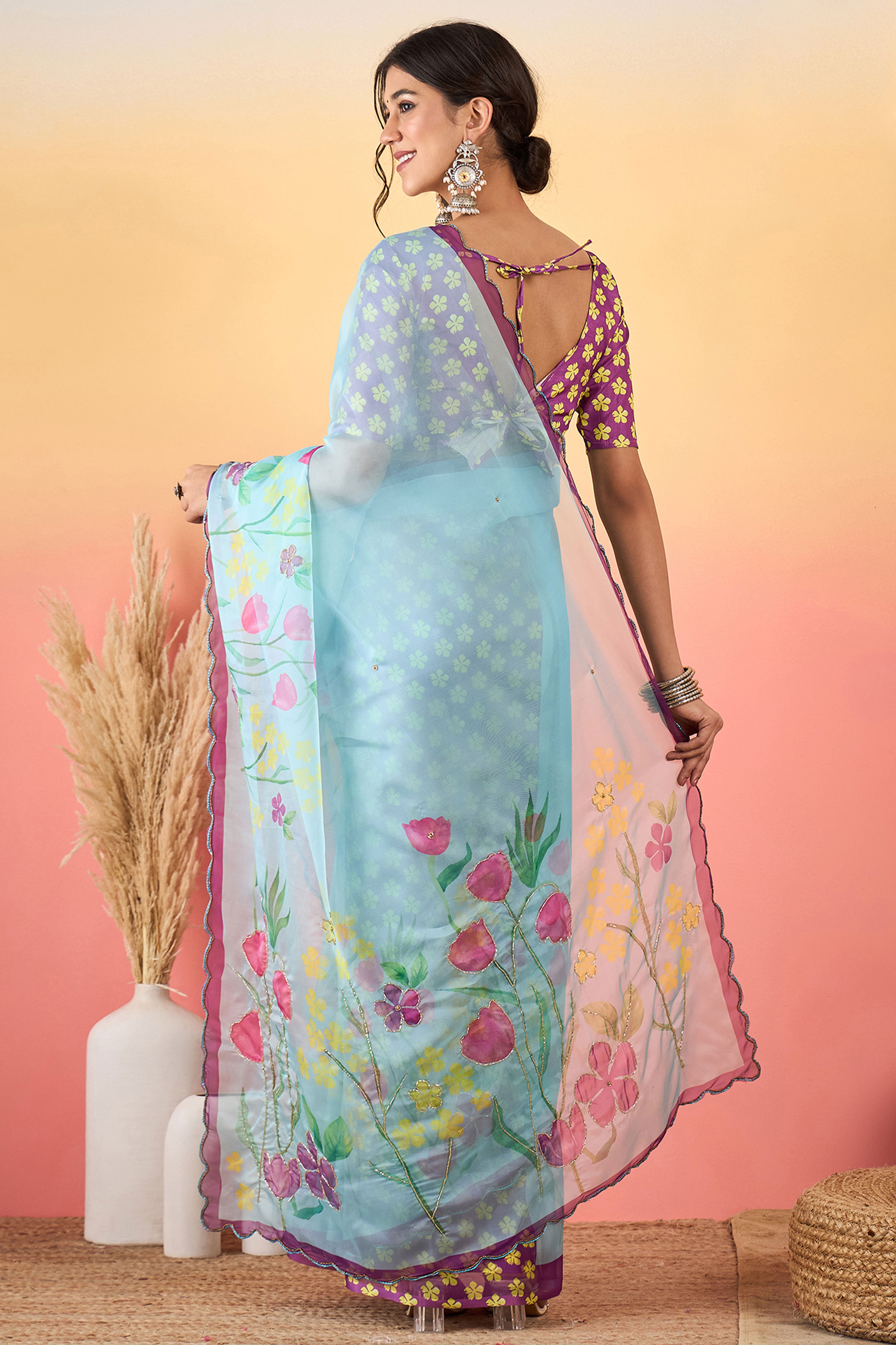 Gorgeous Sky Blue Floral Printed Saree in Sheer Organza Blend Fabric with Handcrafted Beads Work