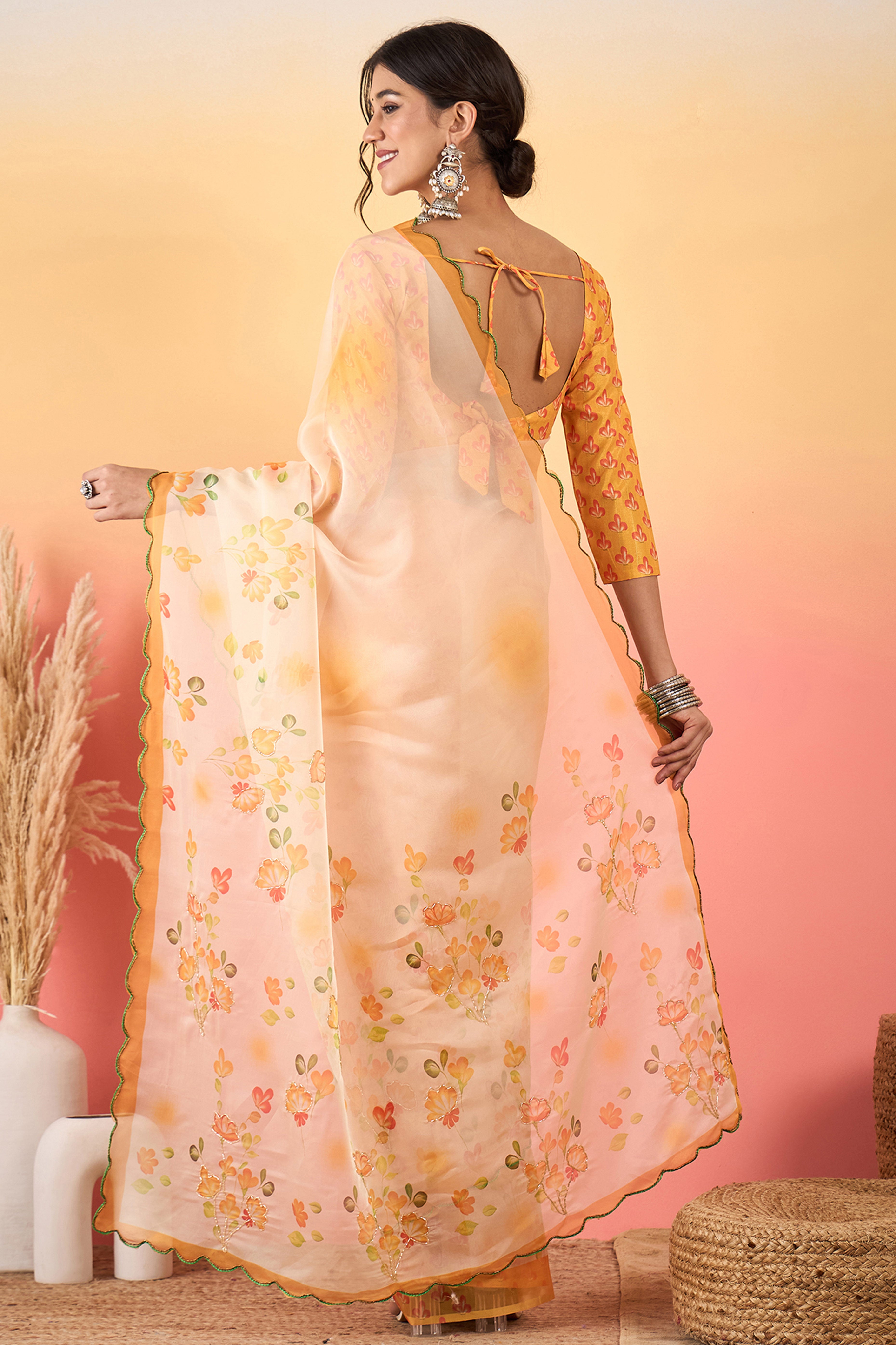 Gorgeous Cream Floral Printed Saree in Sheer Organza Blend Fabric with Handcrafted Beads Work