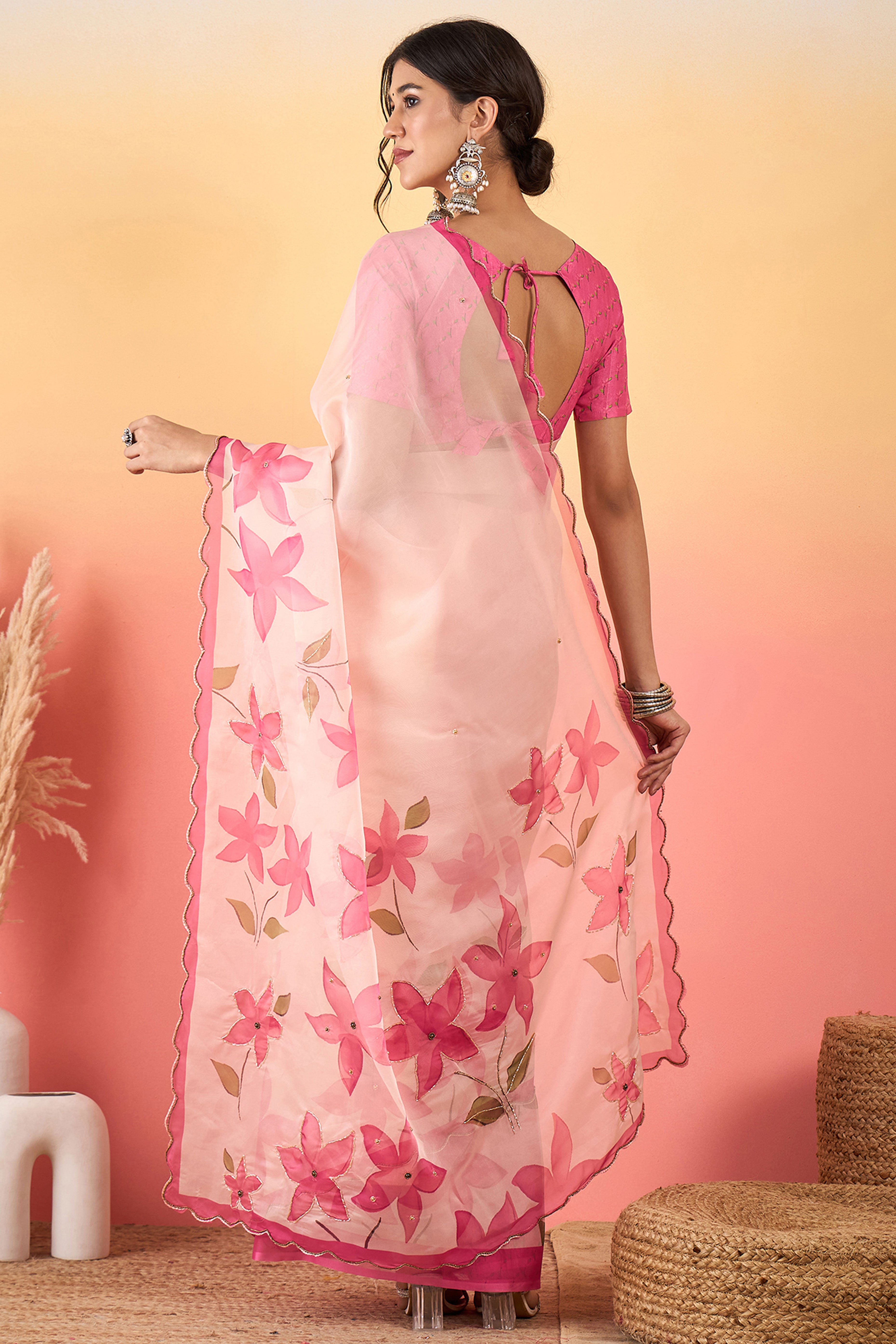 Gorgeous Pink Floral Printed Saree in Sheer Organza Blend Fabric with Handcrafted Beads Work