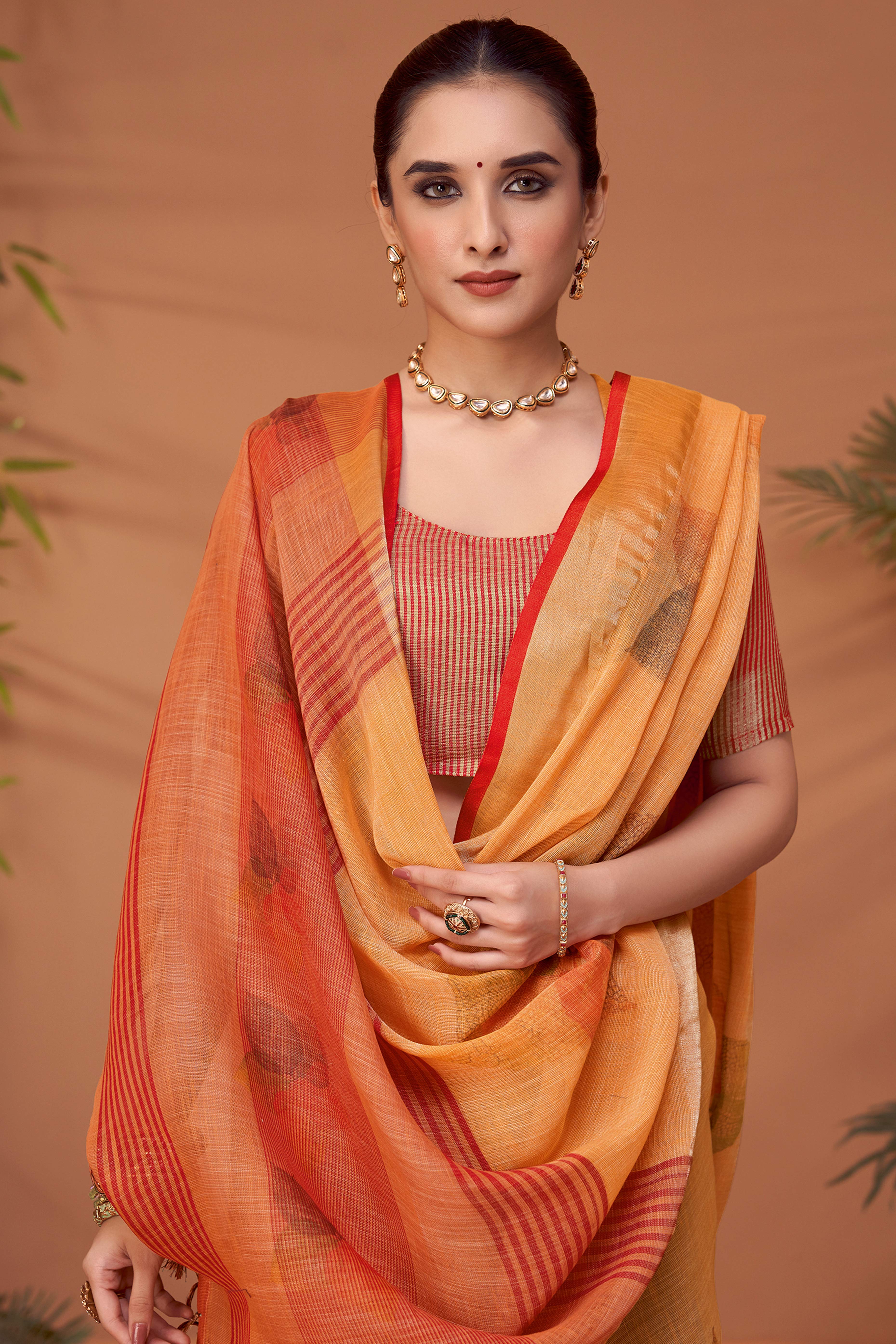 Orange Woven Floral Printed Linen Blend Saree with Soft Elegant Texture