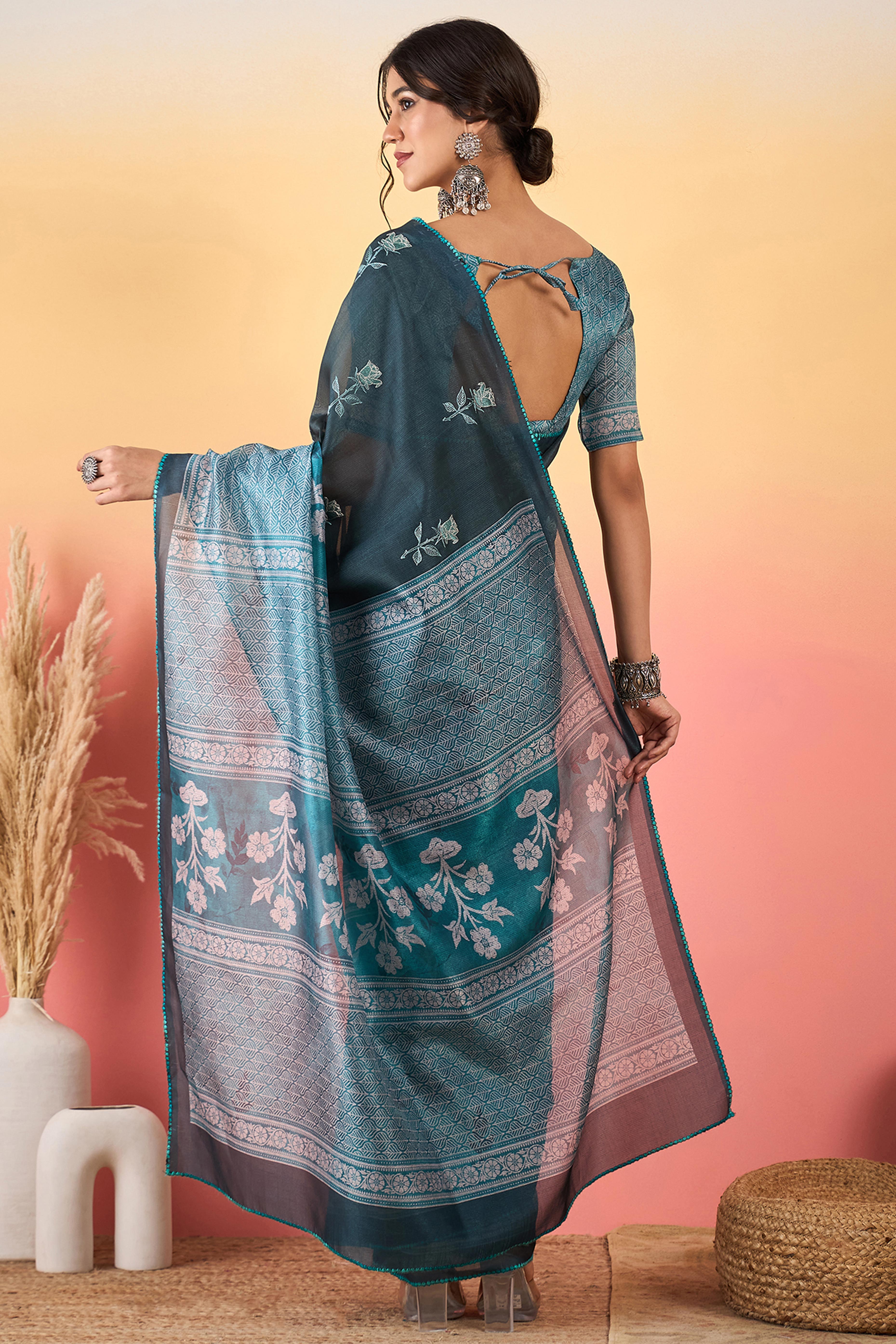 Teal Floral Embroidered Saree Made from Premium Lightweight Silk Blend Material