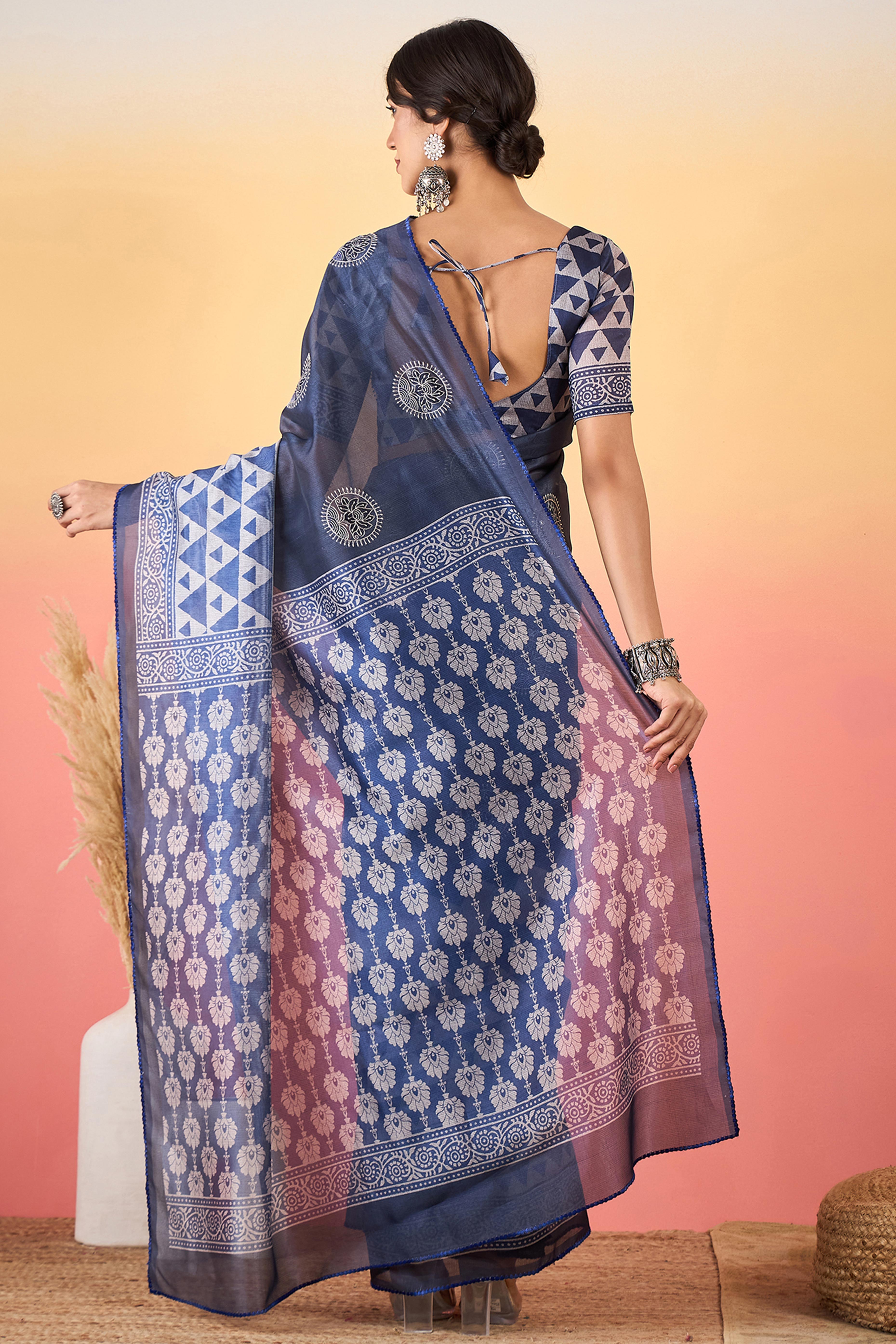 Navy Blue Floral Embroidered Saree Made from Premium Lightweight Silk Blend Material