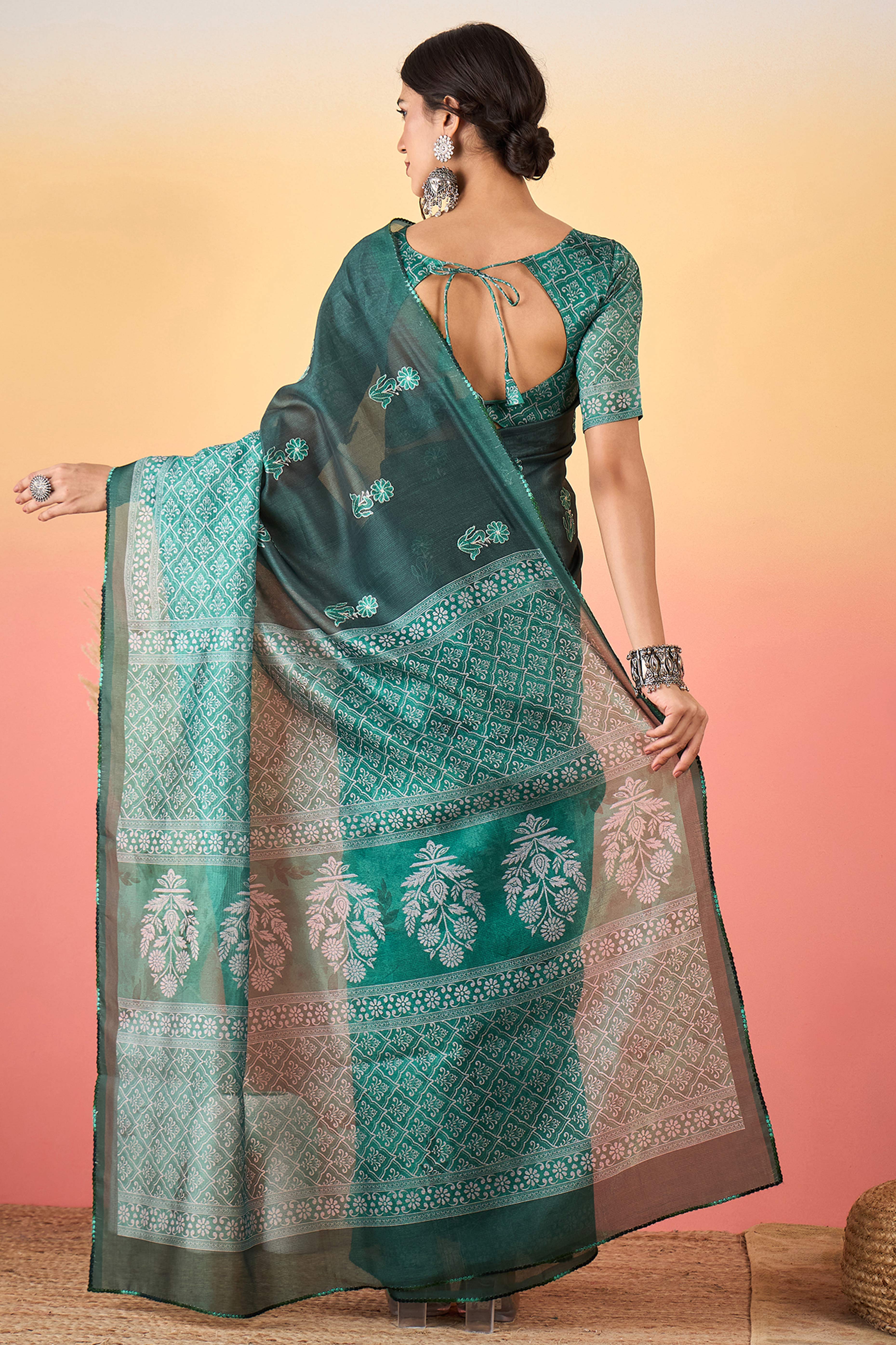 Green Floral Embroidered Saree Made from Premium Lightweight Silk Blend Material