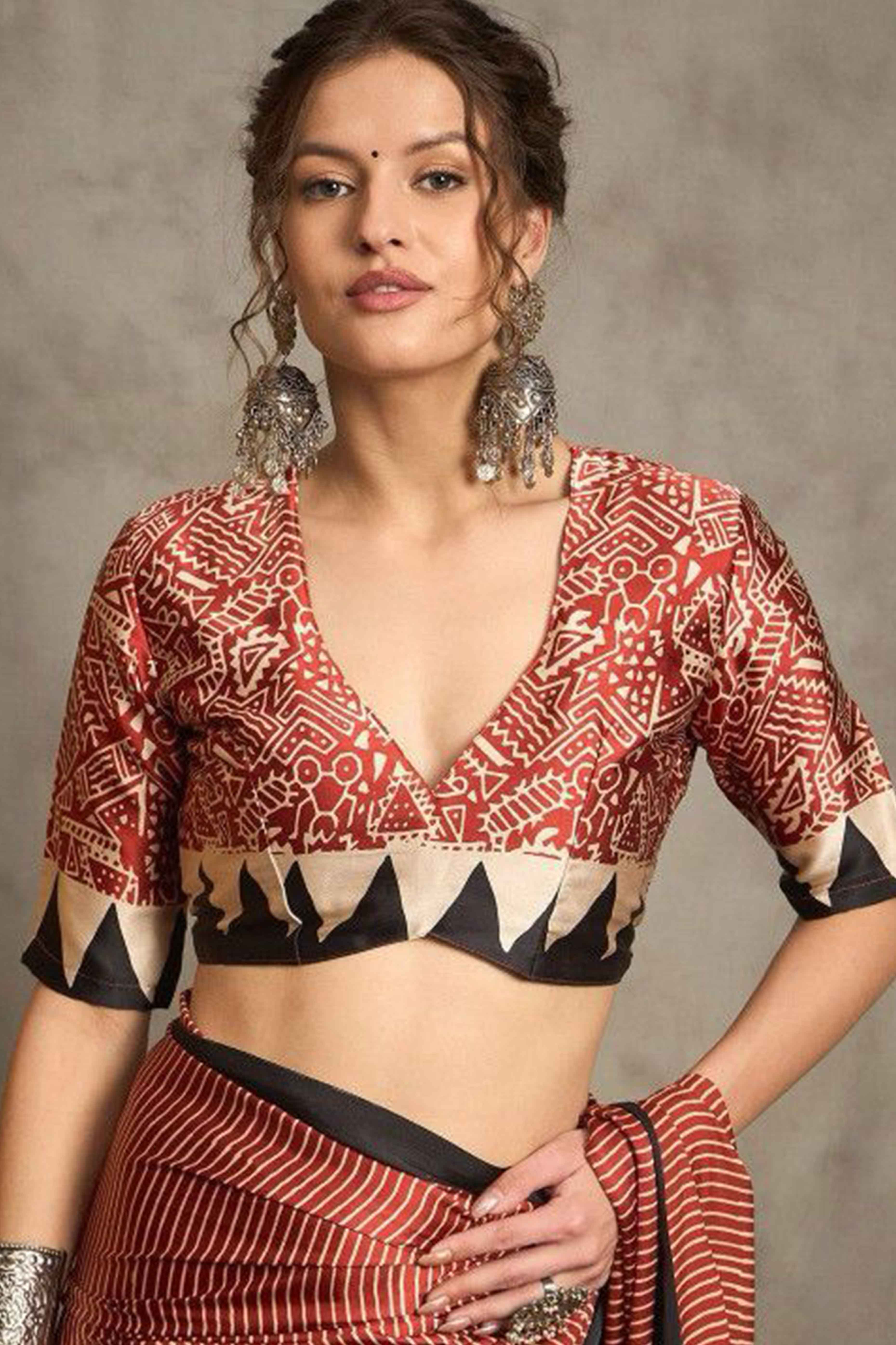 Maroon Ajrakh Print Satin Saree with Traditional Charm