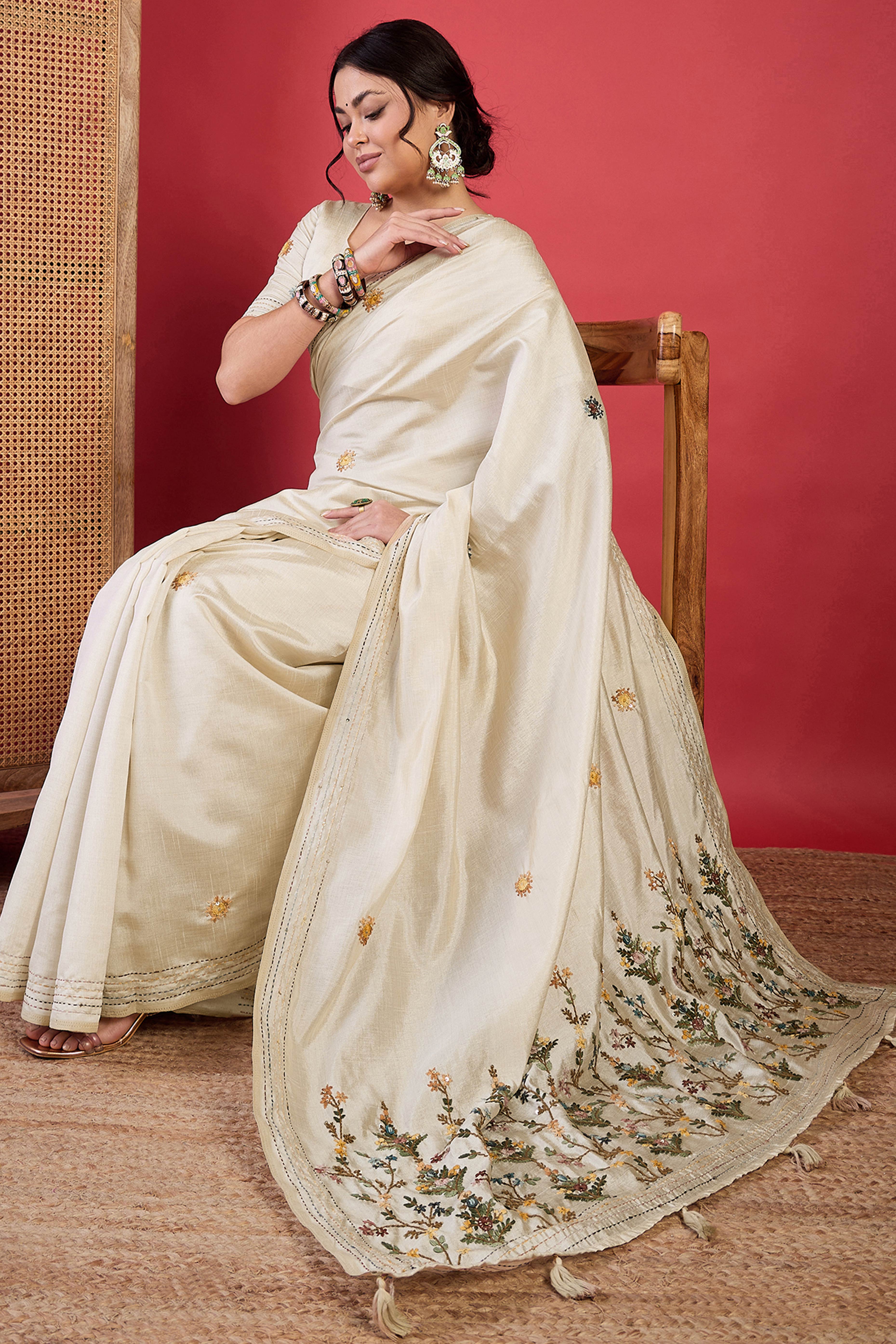 Cream Thread Work Embroidered Tussar Silk Saree with Rich Texture