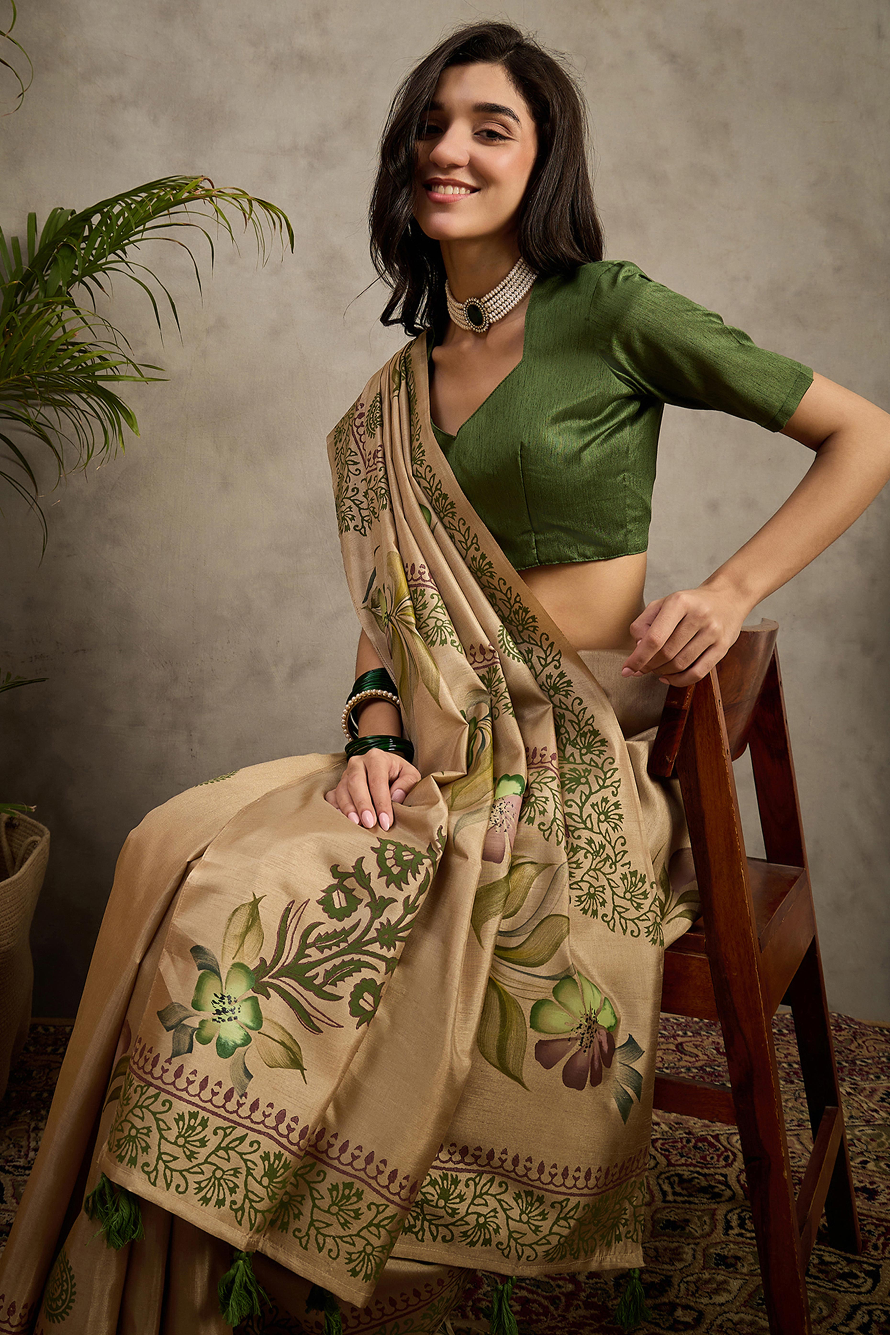Beige Blossom Printed Kozi Cotton Silk Saree Adorned With Stylish Tassel Detailing Pallu