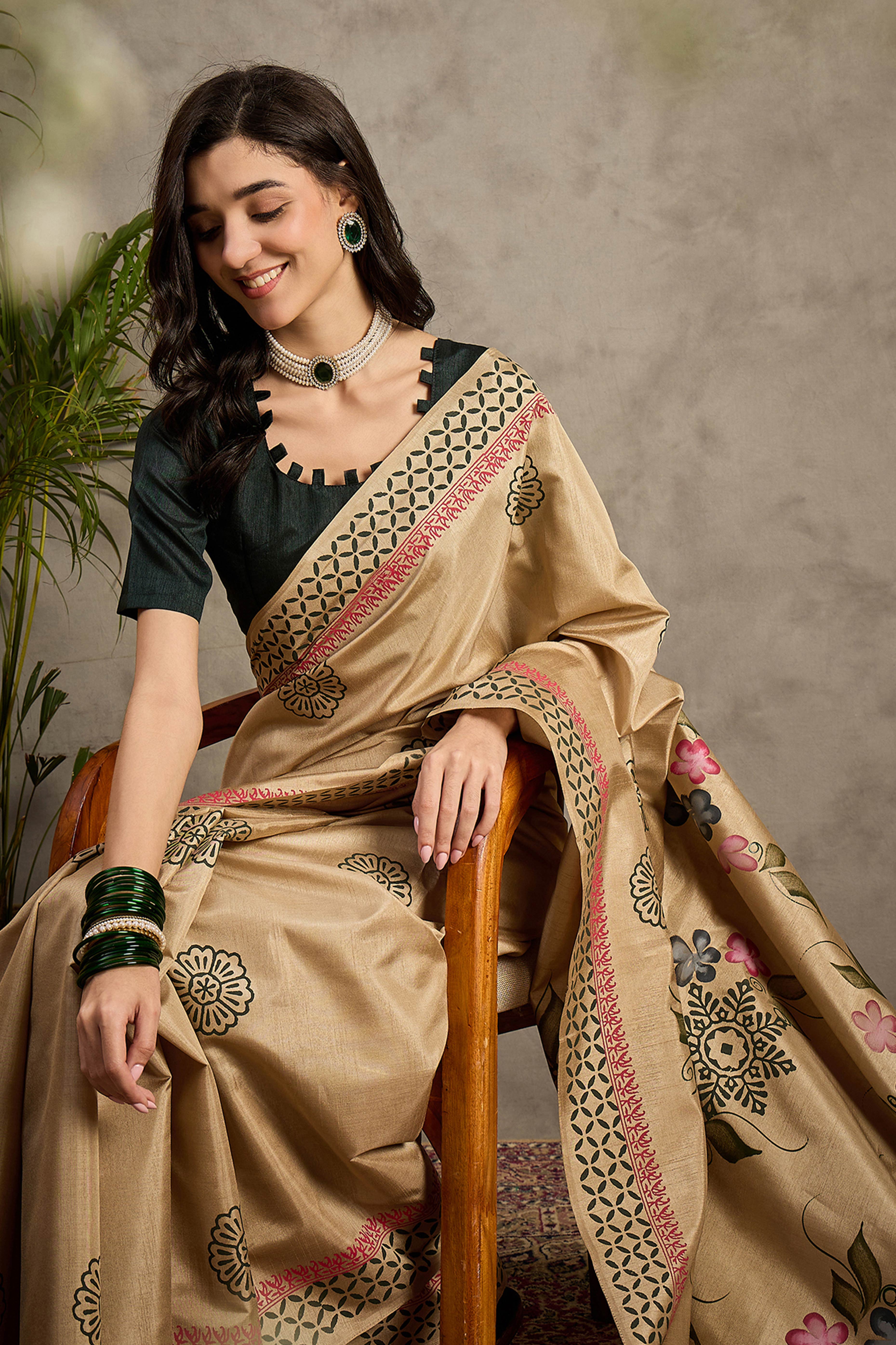 Charming Beige Floral Printed Kozi Cotton Silk Saree With Contemporary Tassel Pallu