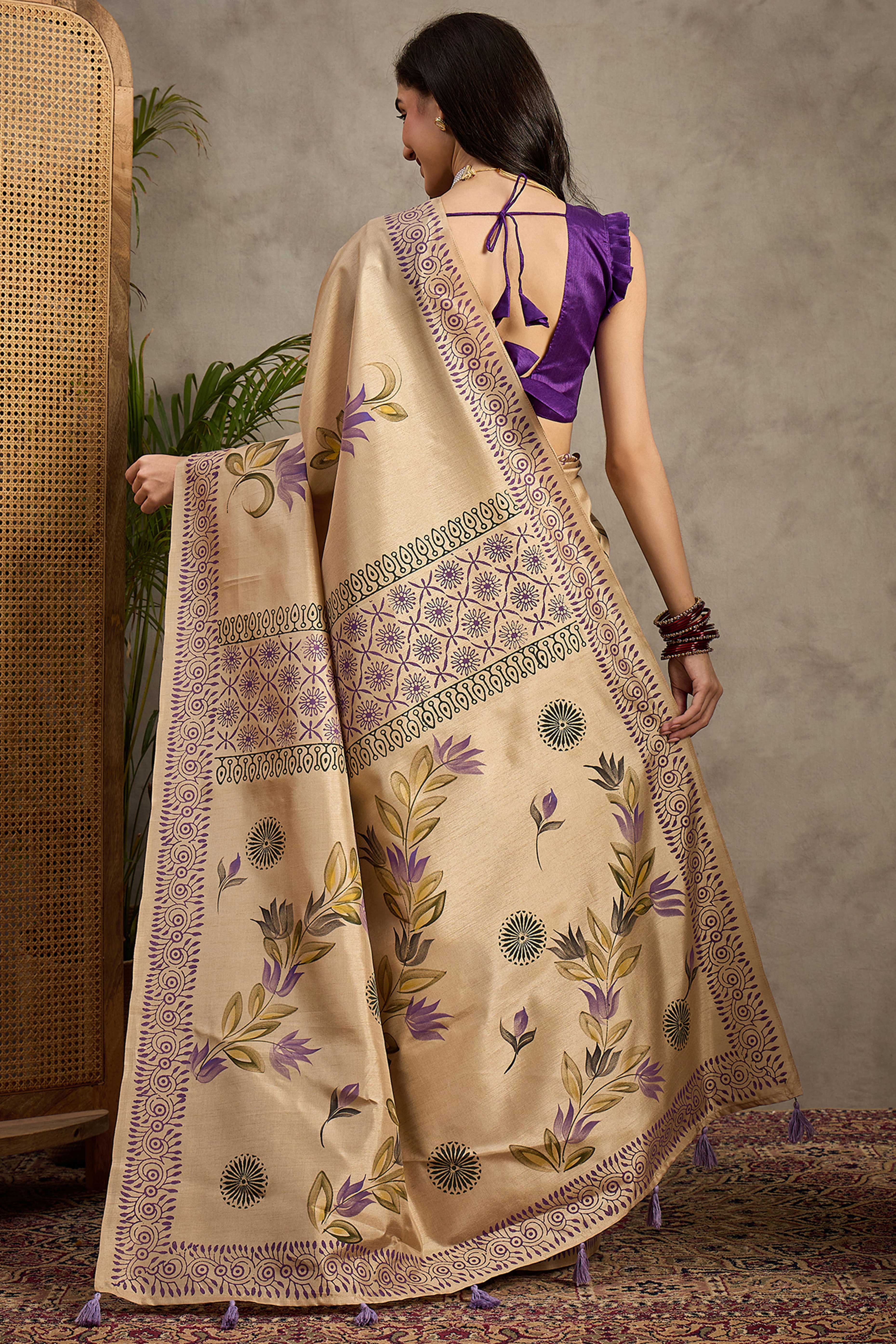 Timeless Beige Floral Printed Kozi Cotton Silk Saree Enhanced With Playful Tassel Pallu