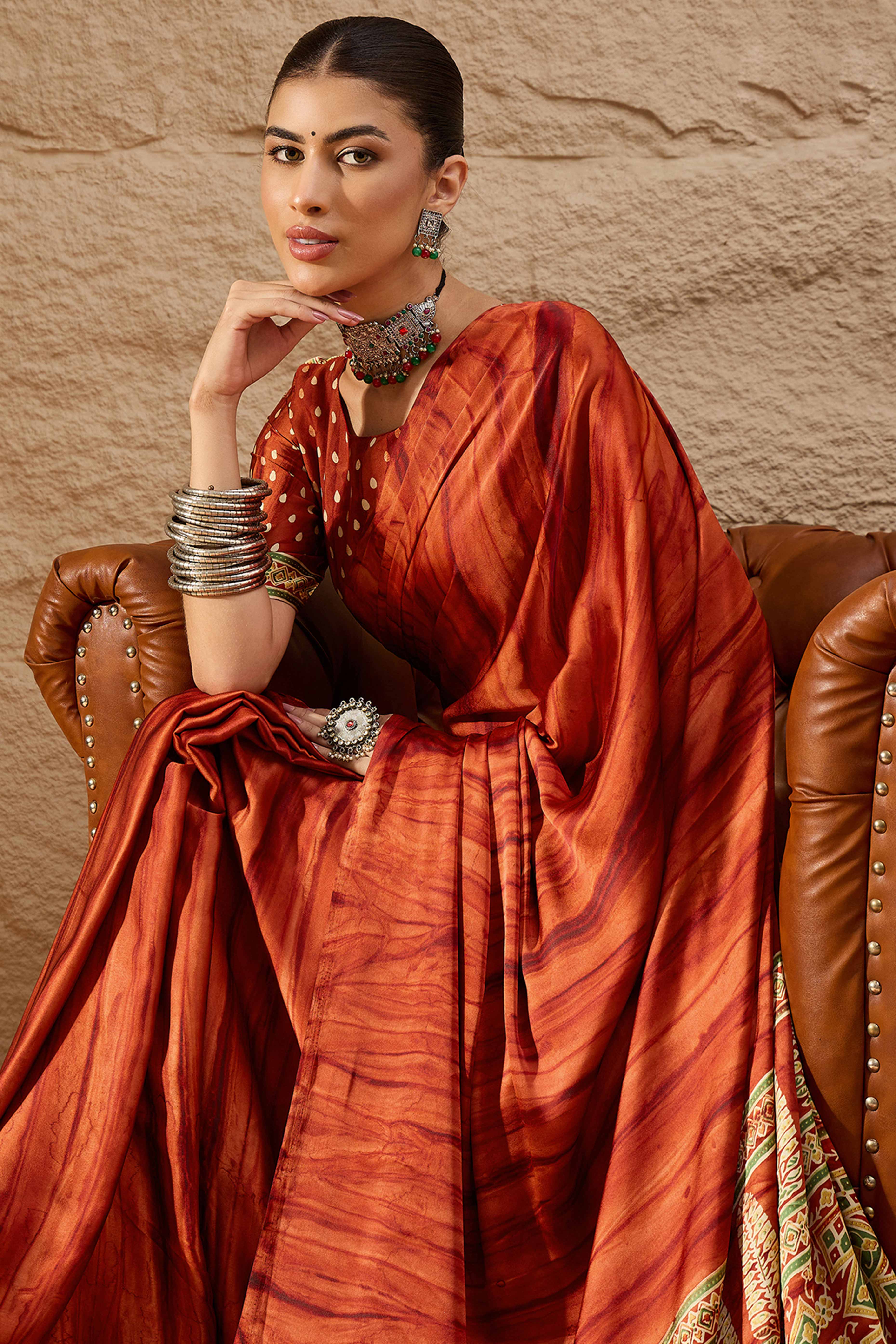 Ajrakh Print Rust Satin Saree with Ethnic Appeal