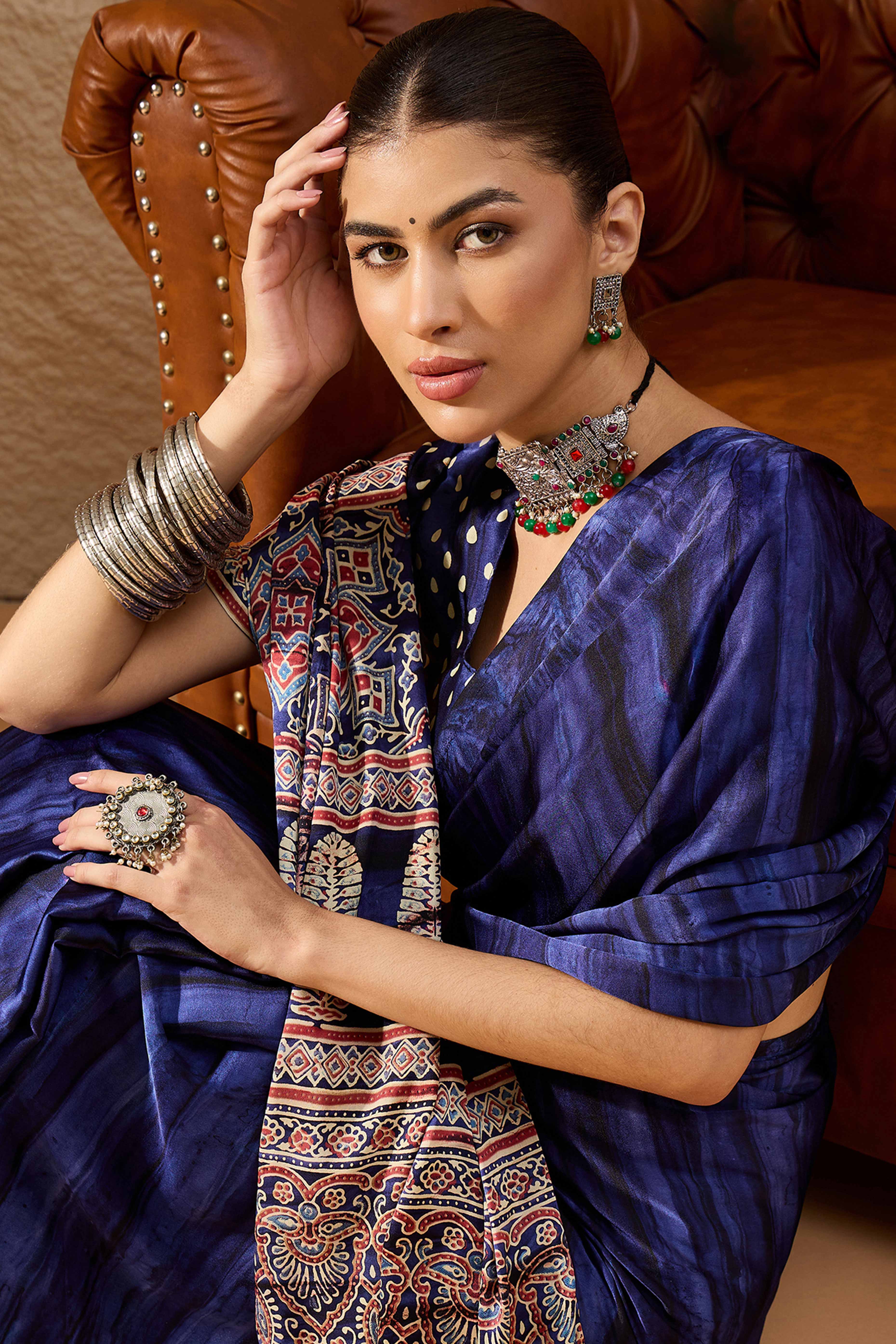 Ajrakh Print Violet Satin Saree with Ethnic Appeal