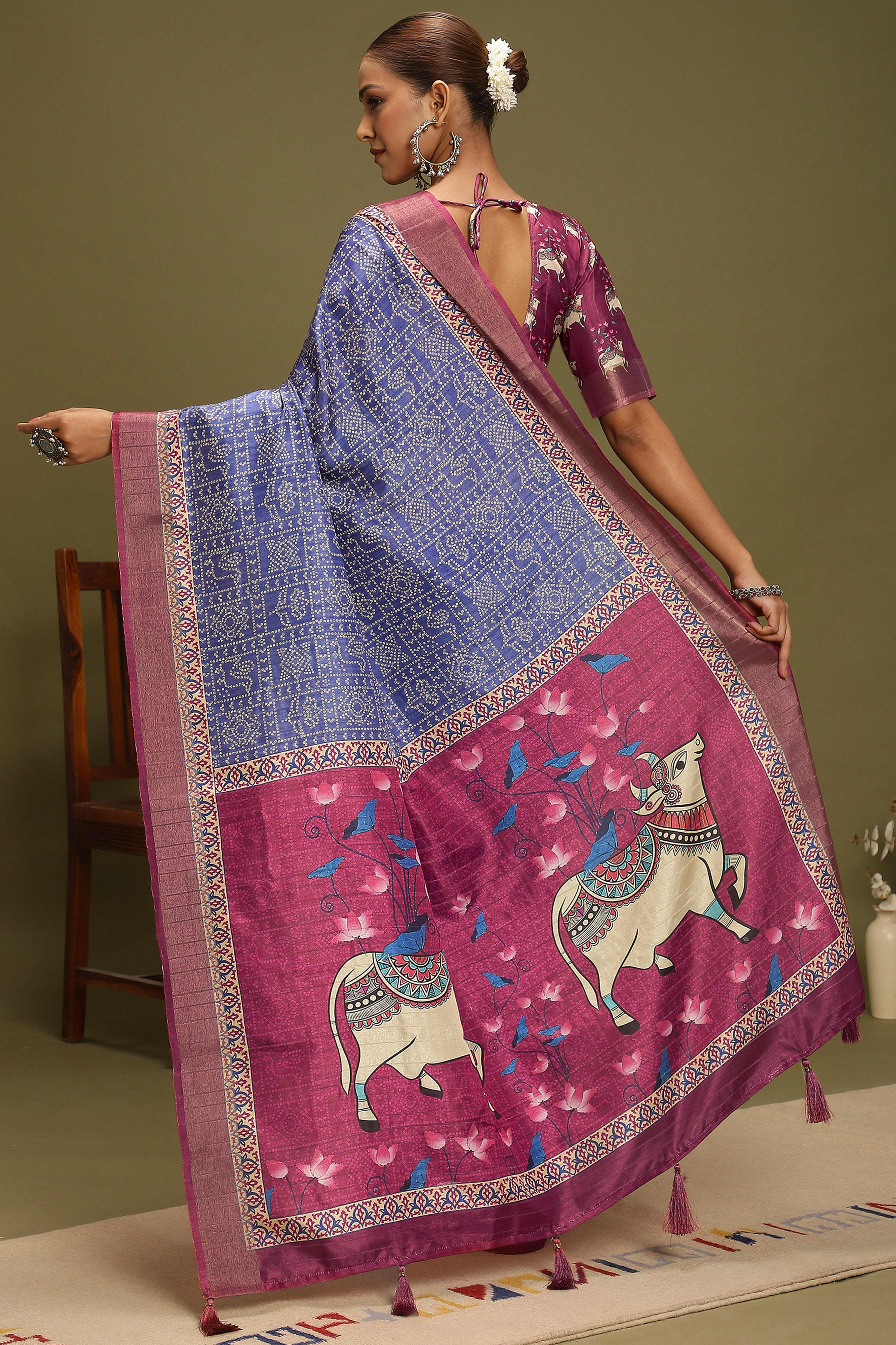 Blue Silk Blend Saree Decorated with Vibrant Bandhani Prints and Festive Detailing