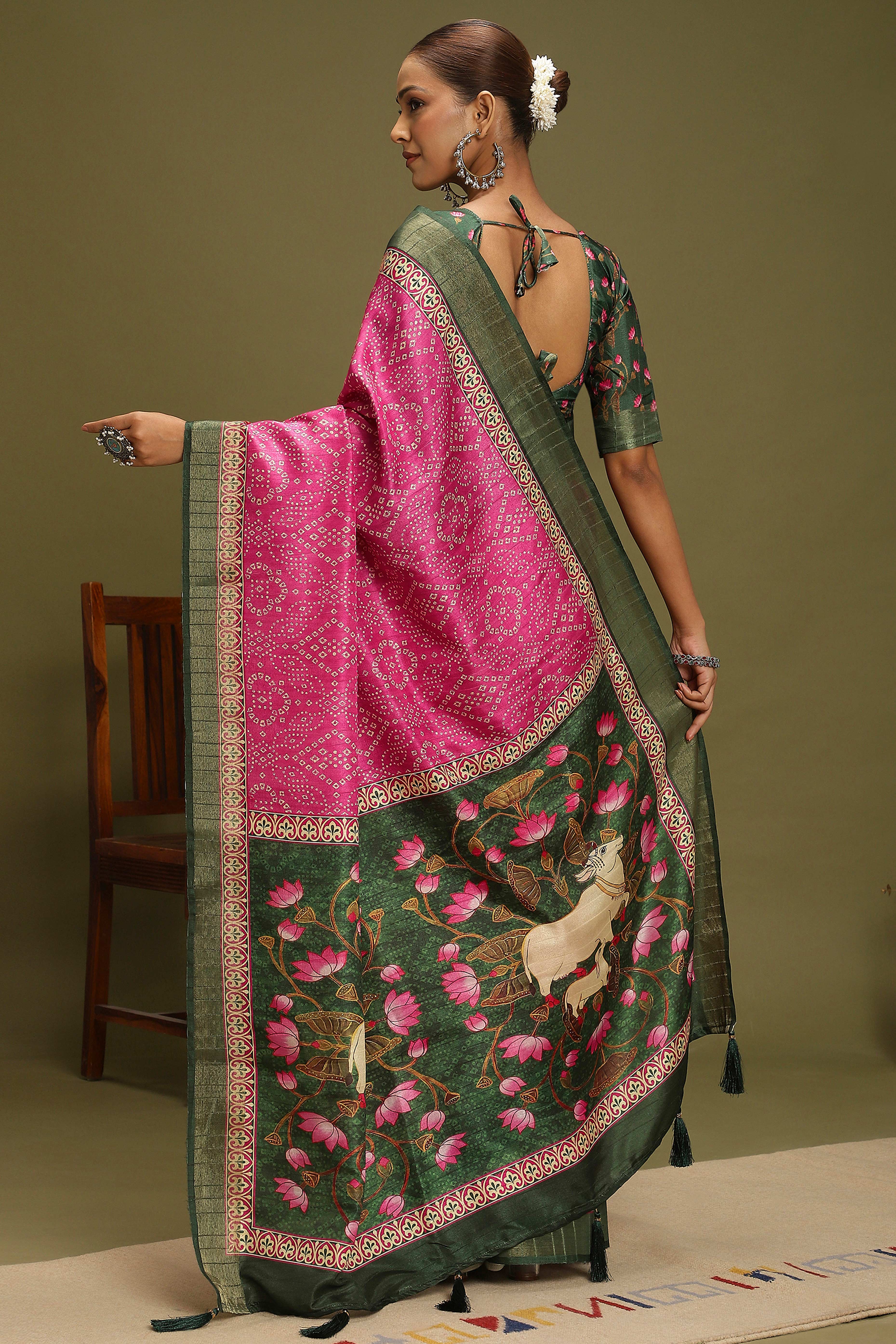 Pink Silk Blend Saree Decorated with Vibrant Bandhani Prints and Festive Detailing