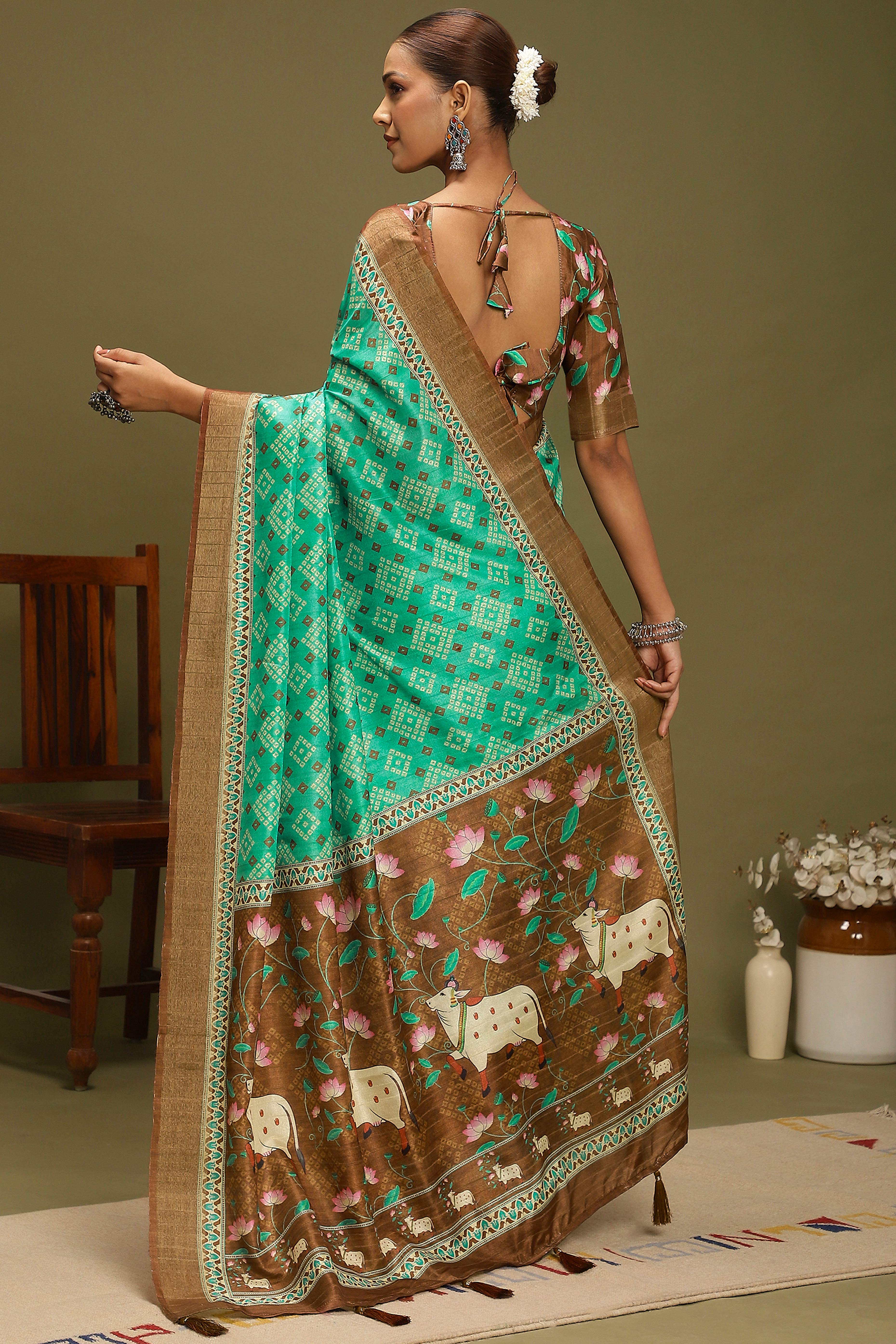 Rama Green Silk Blend Saree Decorated with Vibrant Bandhani Prints and Festive Detailing