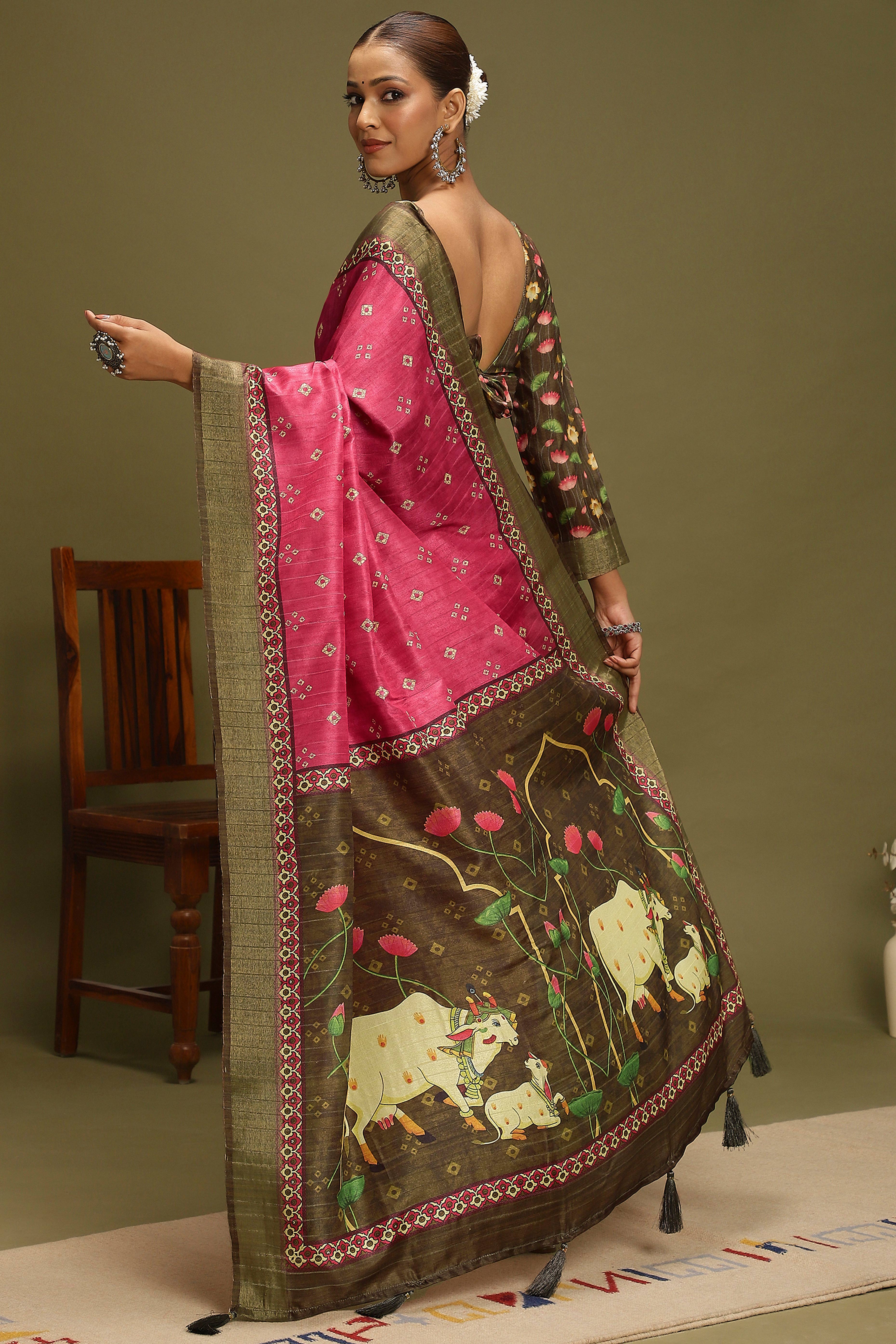 Dark Pink Silk Blend Saree Decorated with Vibrant Bandhani Prints and Festive Detailing