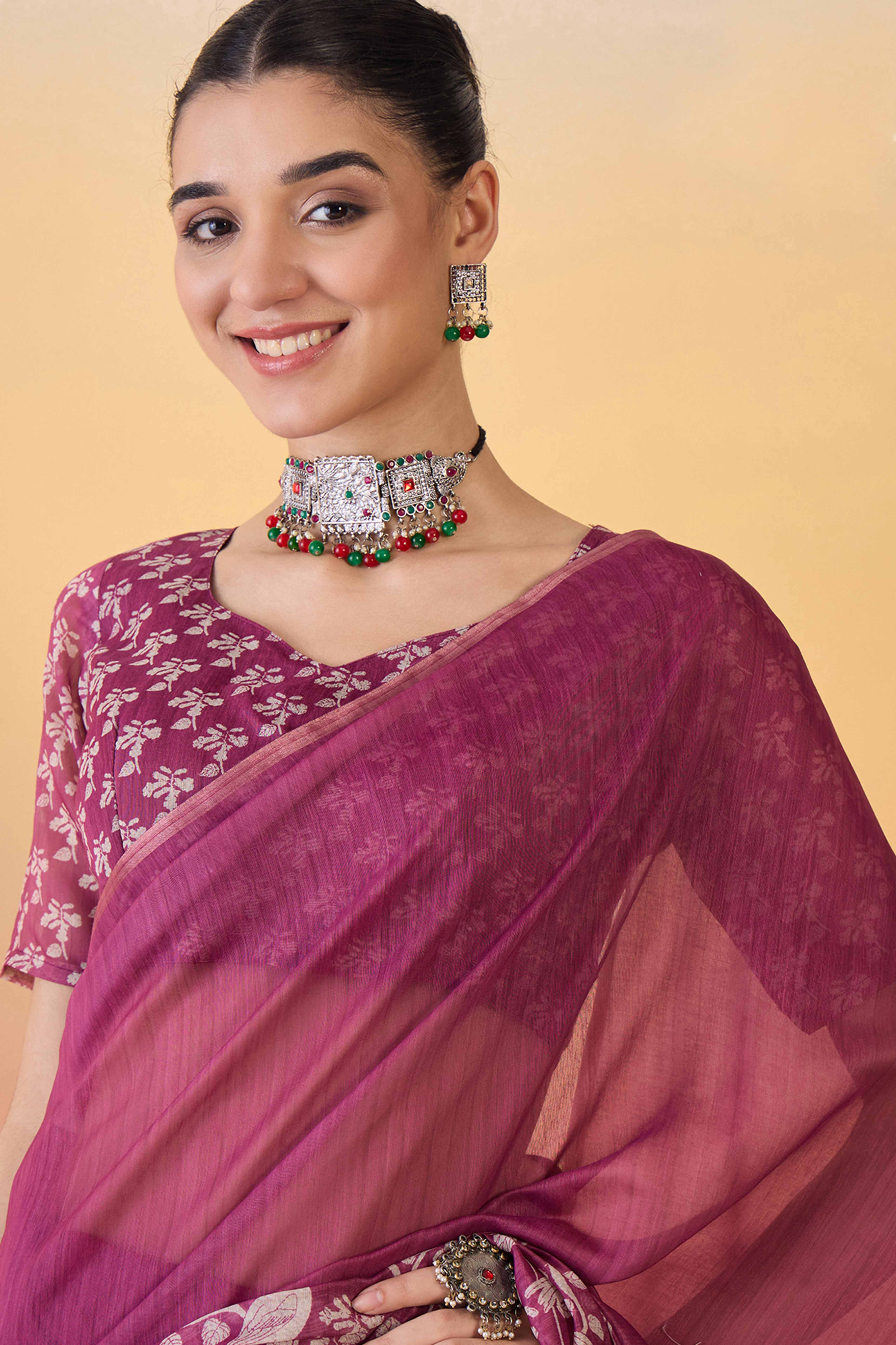 Magenta Linen Cotton Saree Featuring Elegant Floral & Bird Prints With Tassel Pallu