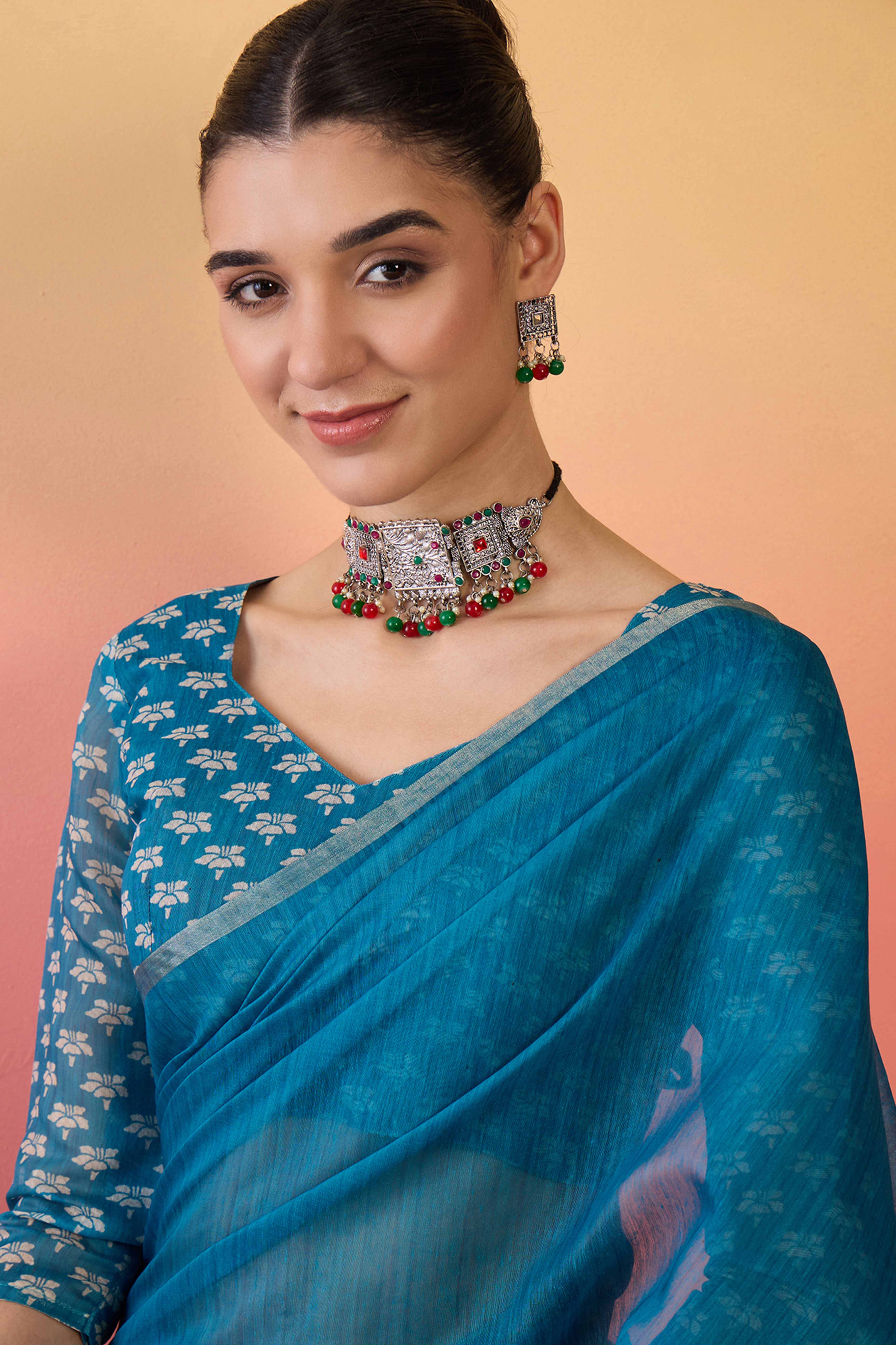 Blue Linen Cotton Saree Featuring Elegant Floral & Bird Prints With Tassel Pallu