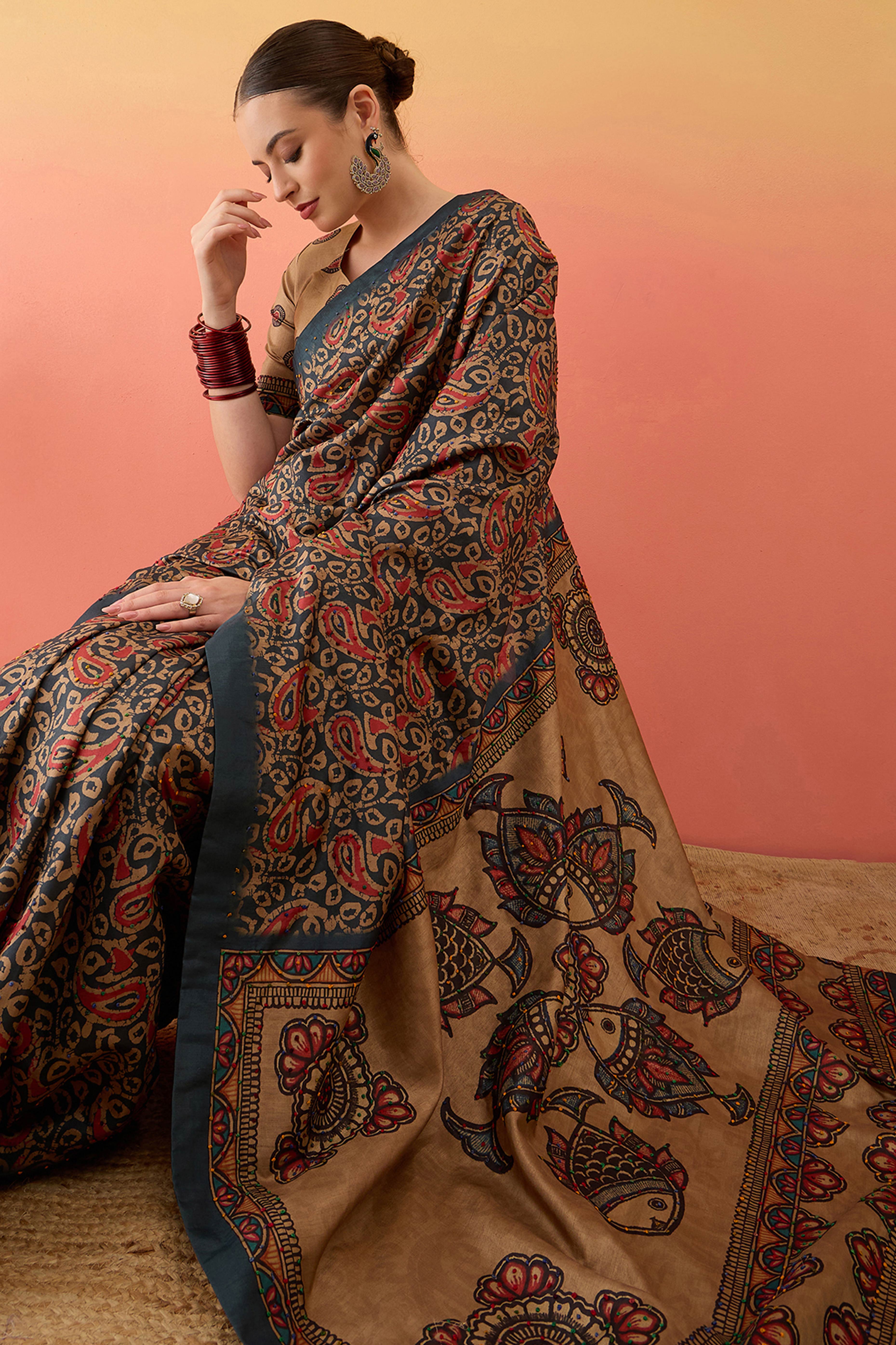 Grey Printed Kalamkari Cotton Silk Saree Exquisite Knot Work Detailing Ethnic Charm