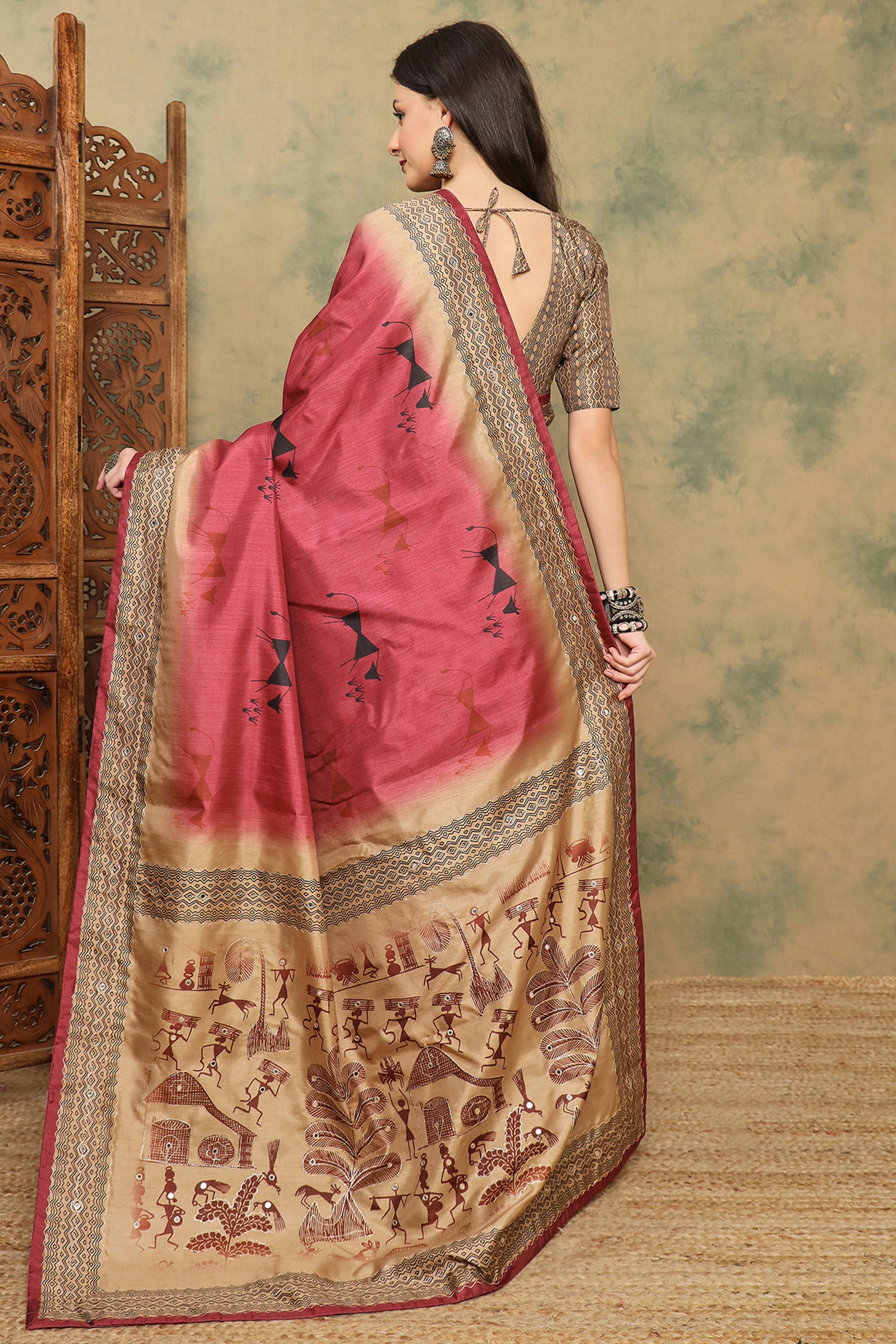 Red Warli Folk Art Printed Cotton Silk Saree Flowy Drape Festive Wear