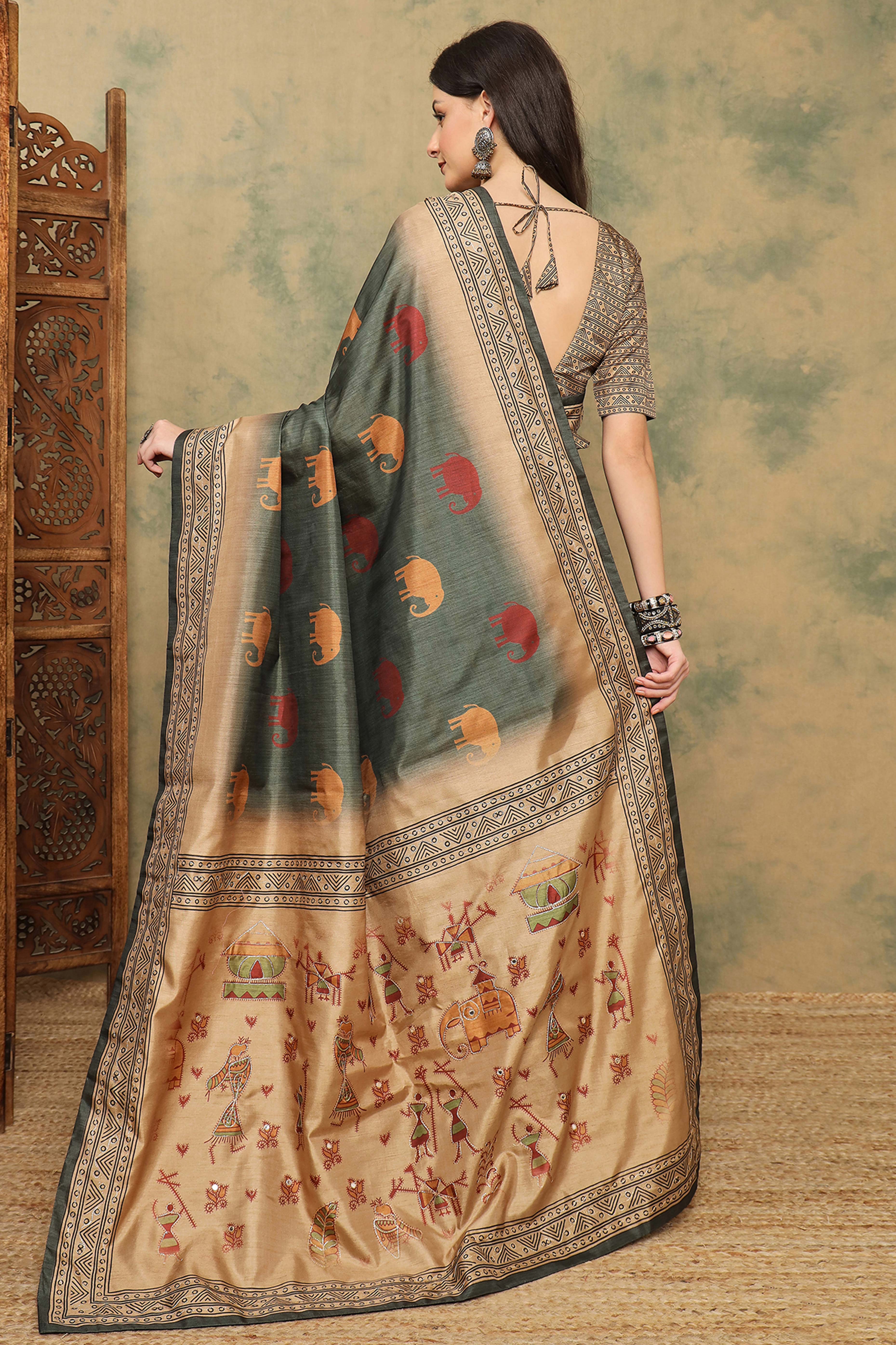 Greyish Green Warli Folk Art Printed Cotton Silk Saree Flowy Drape Festive Wear