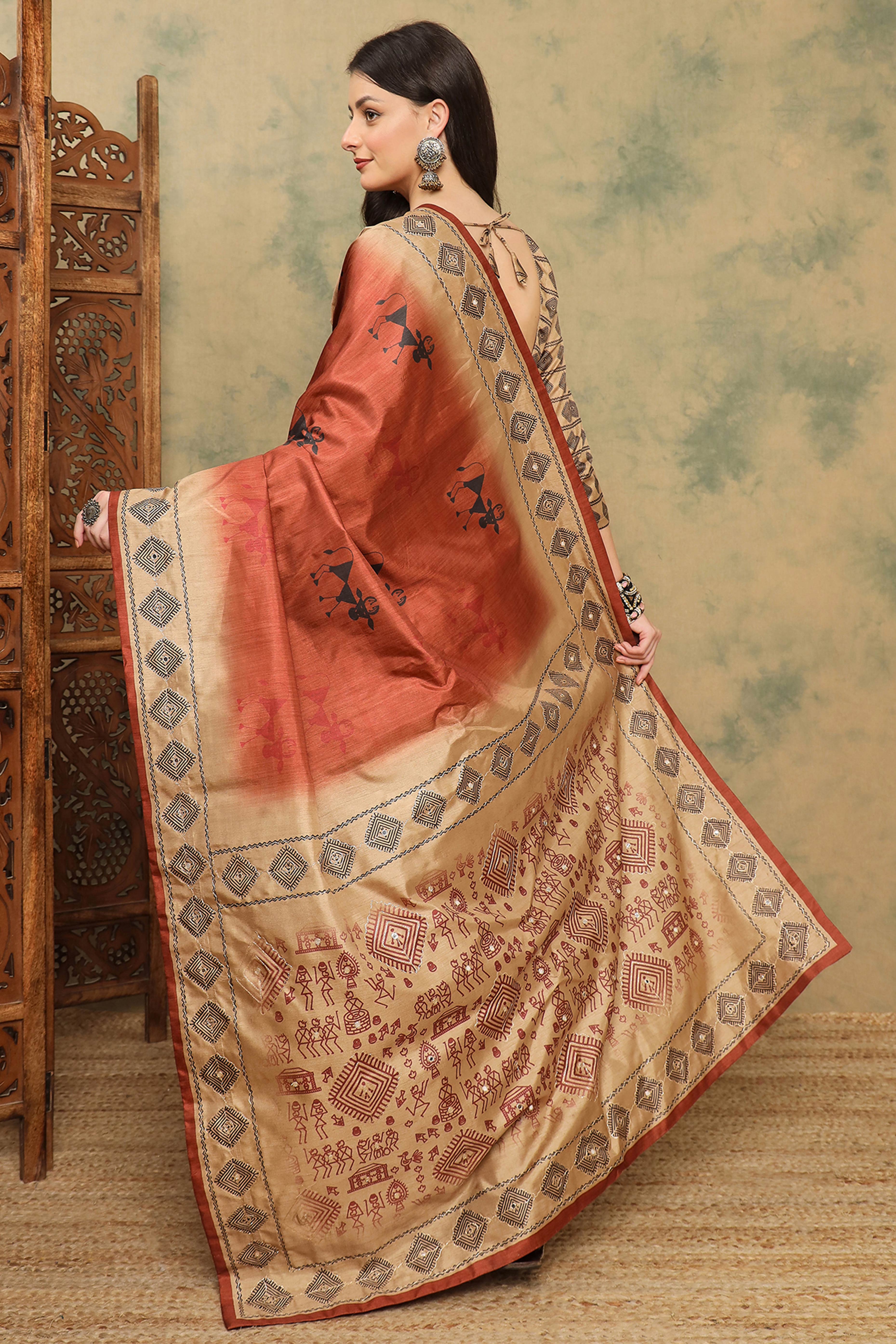 Rust Warli Folk Art Printed Cotton Silk Saree Flowy Drape Festive Wear