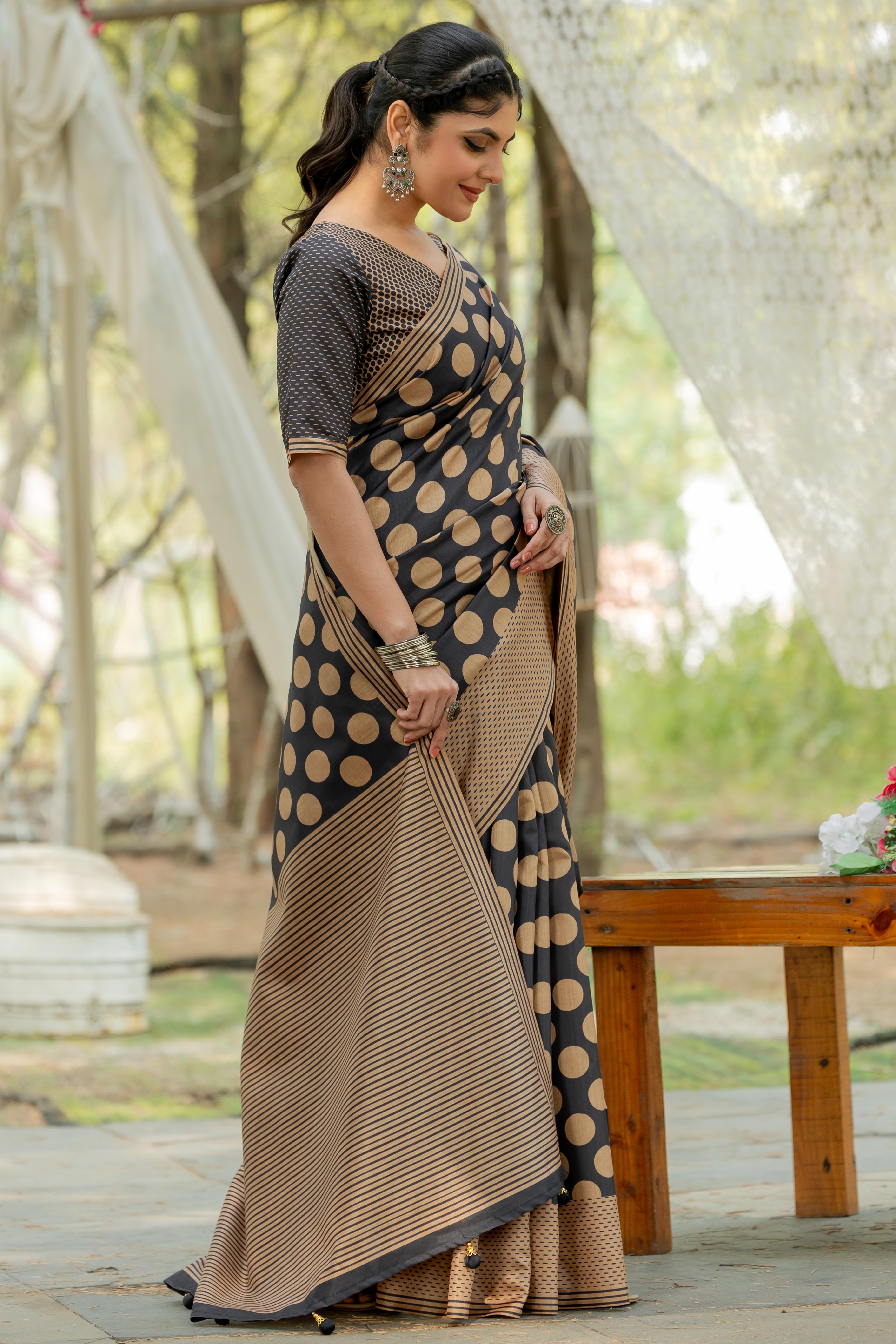 Black Kozi Cotton Silk Saree Showcasing Digital Prints and Soft Tassel Edging