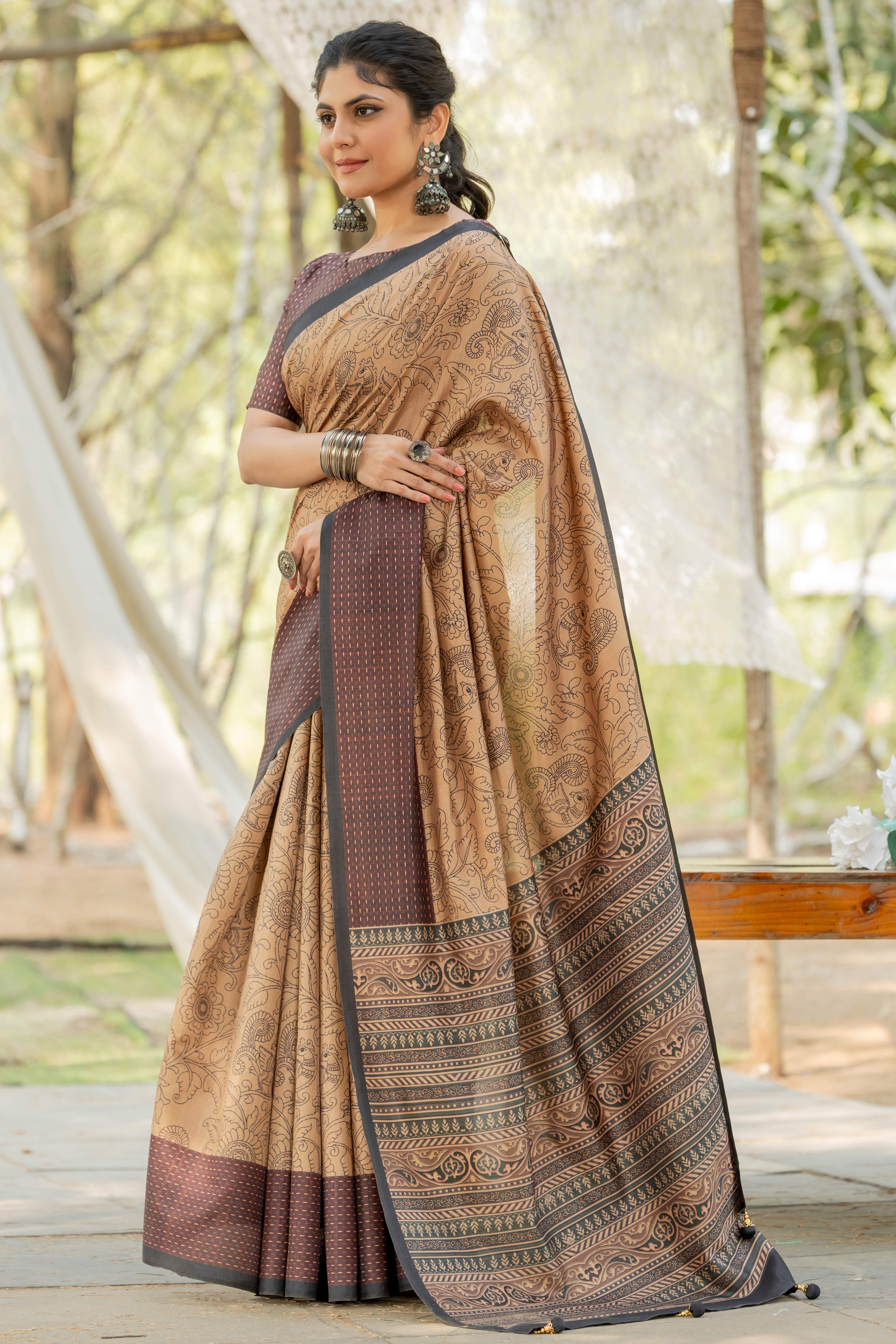 Beige Kozi Cotton Silk Saree Showcasing Digital Prints and Soft Tassel Edging