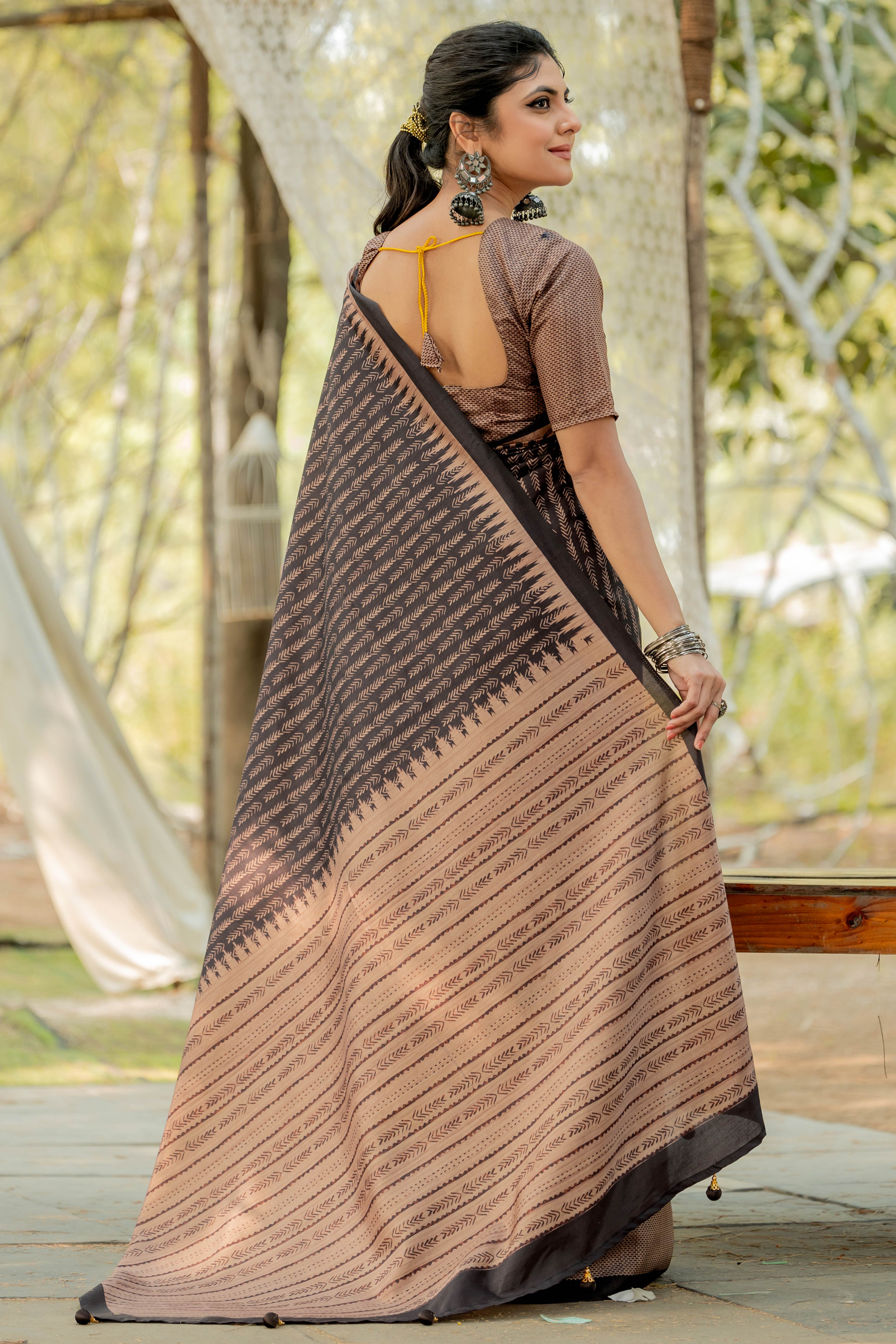 Black Kozi Cotton Silk Saree Indicating Digital Prints and Soft Tassel Edging